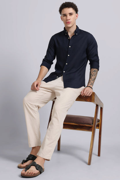 Viscose Linen Slim Fit Shirt Navy