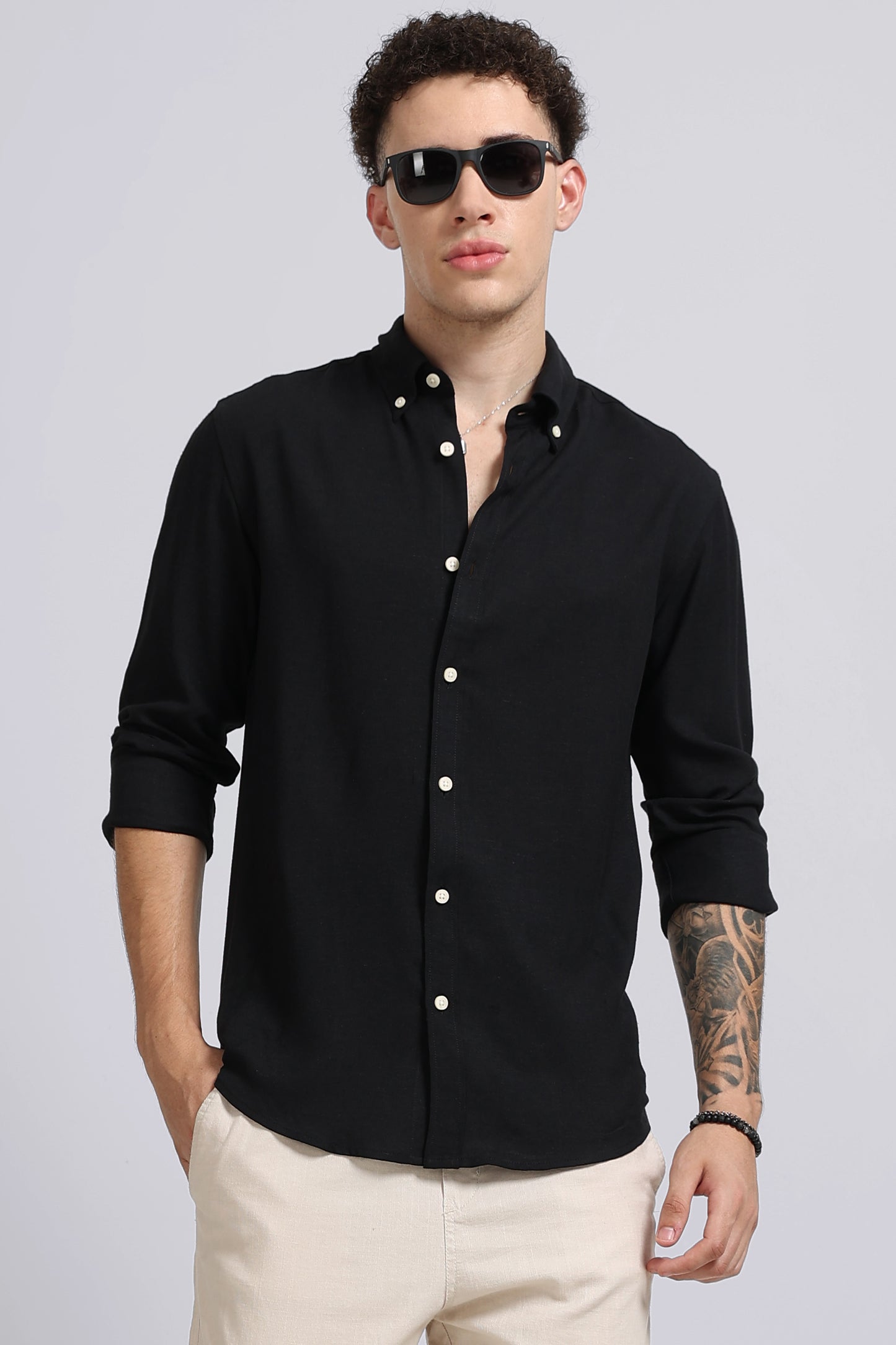 Viscose Linen Slim Fit Shirt Black