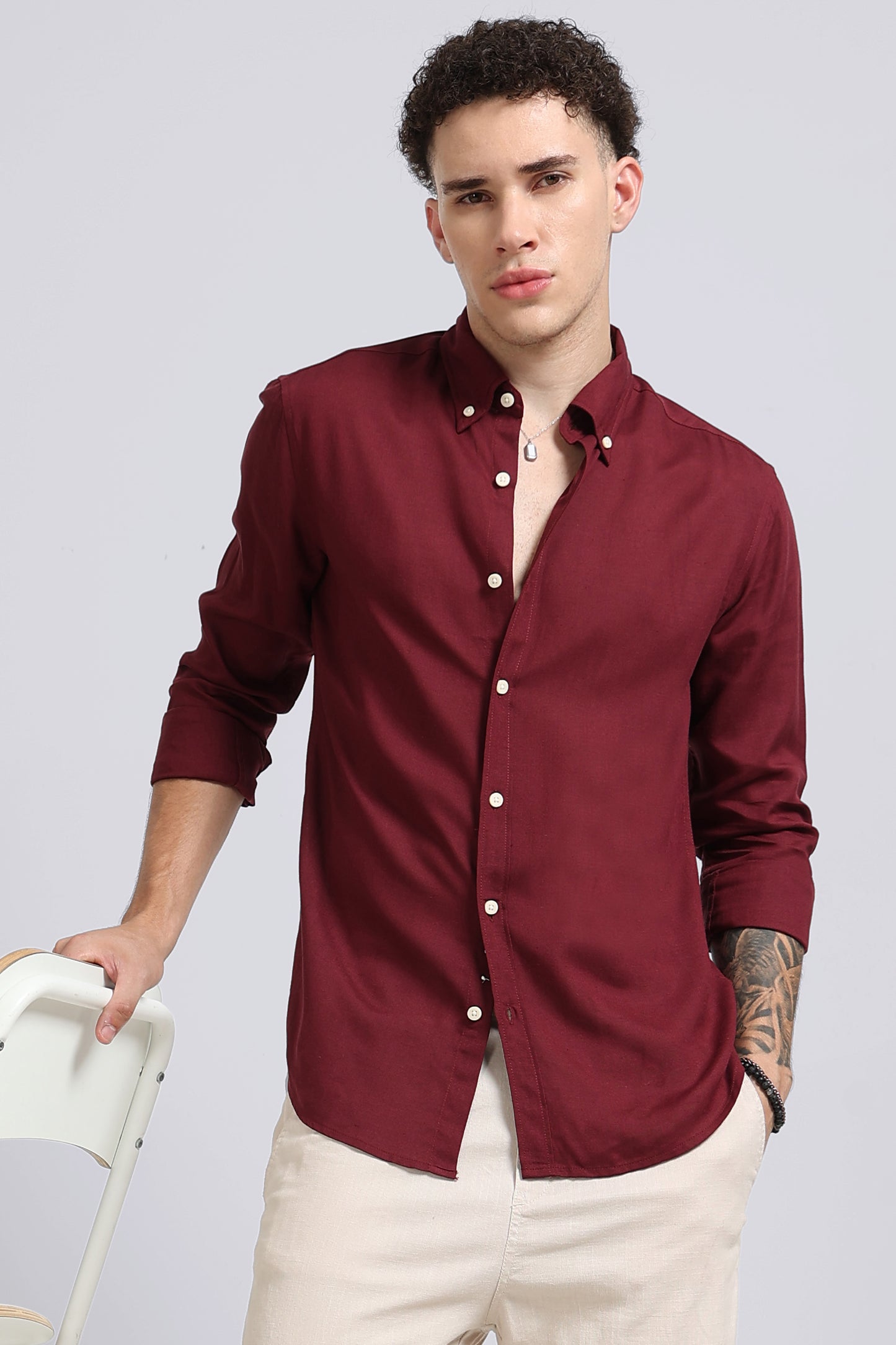 Viscose Linen Slim Fit Shirt Maroon
