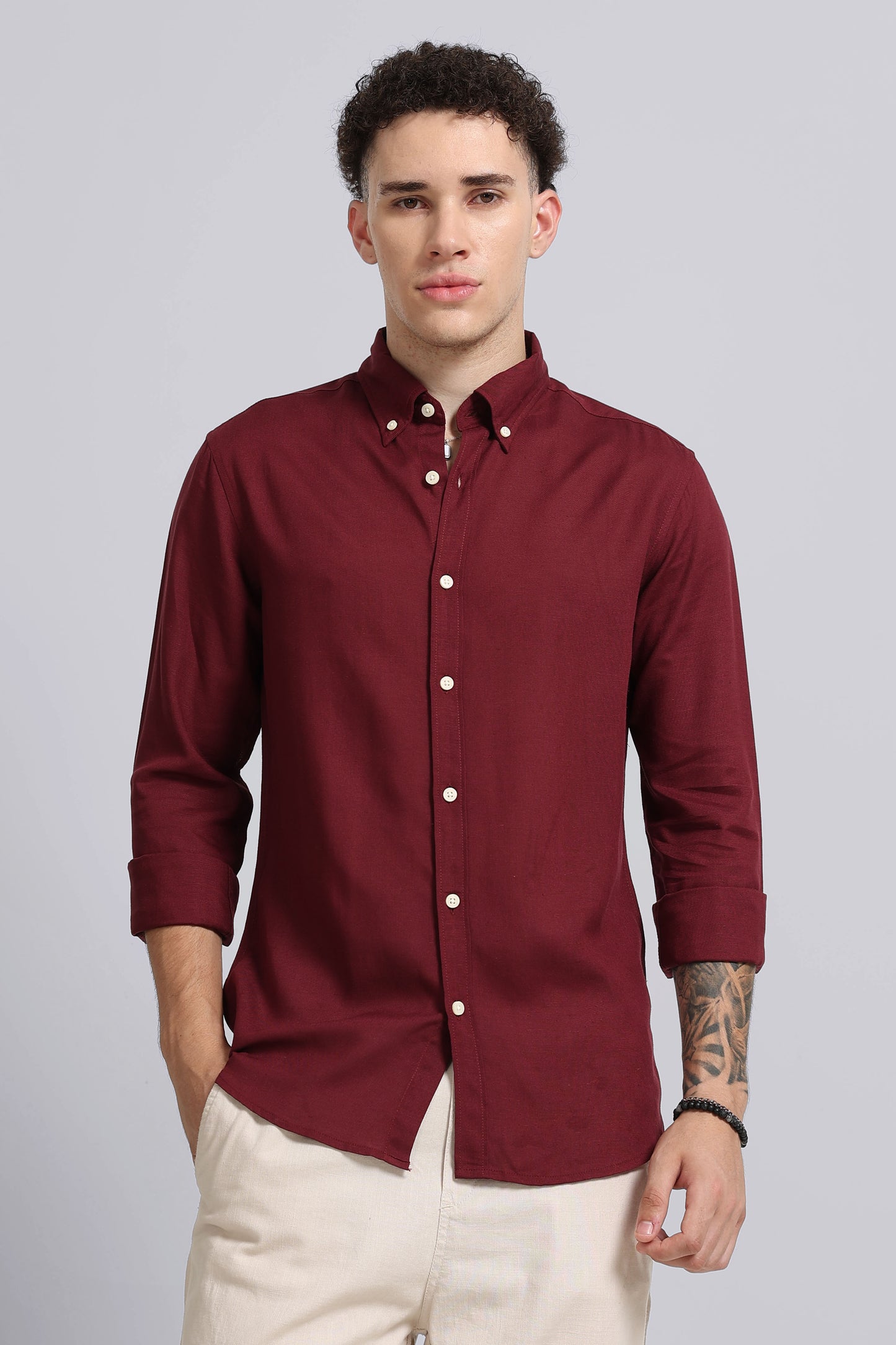 Viscose Linen Slim Fit Shirt Maroon