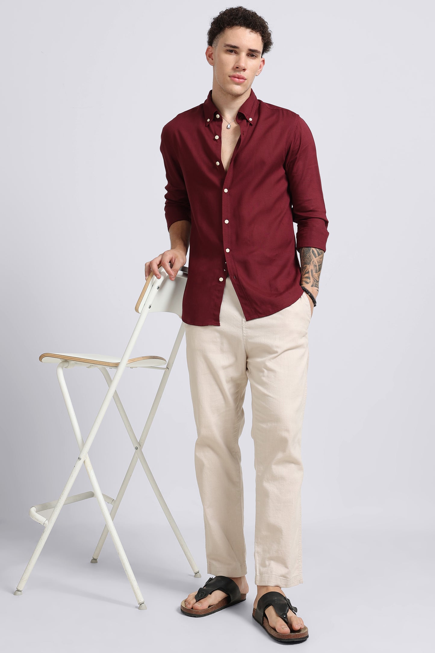 Viscose Linen Slim Fit Shirt Maroon