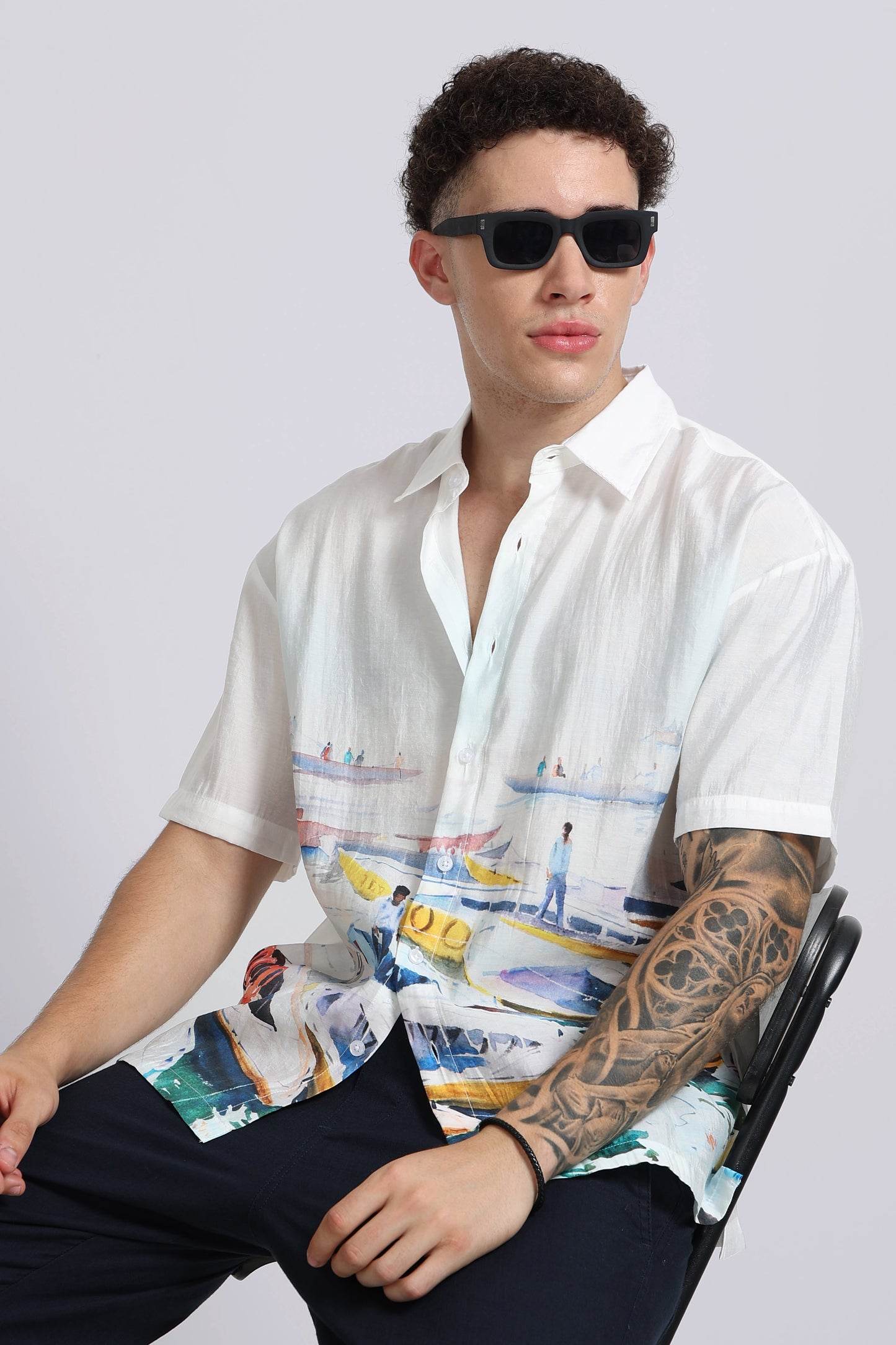 "Gearing Up For The Day" Oversized Print Shirt