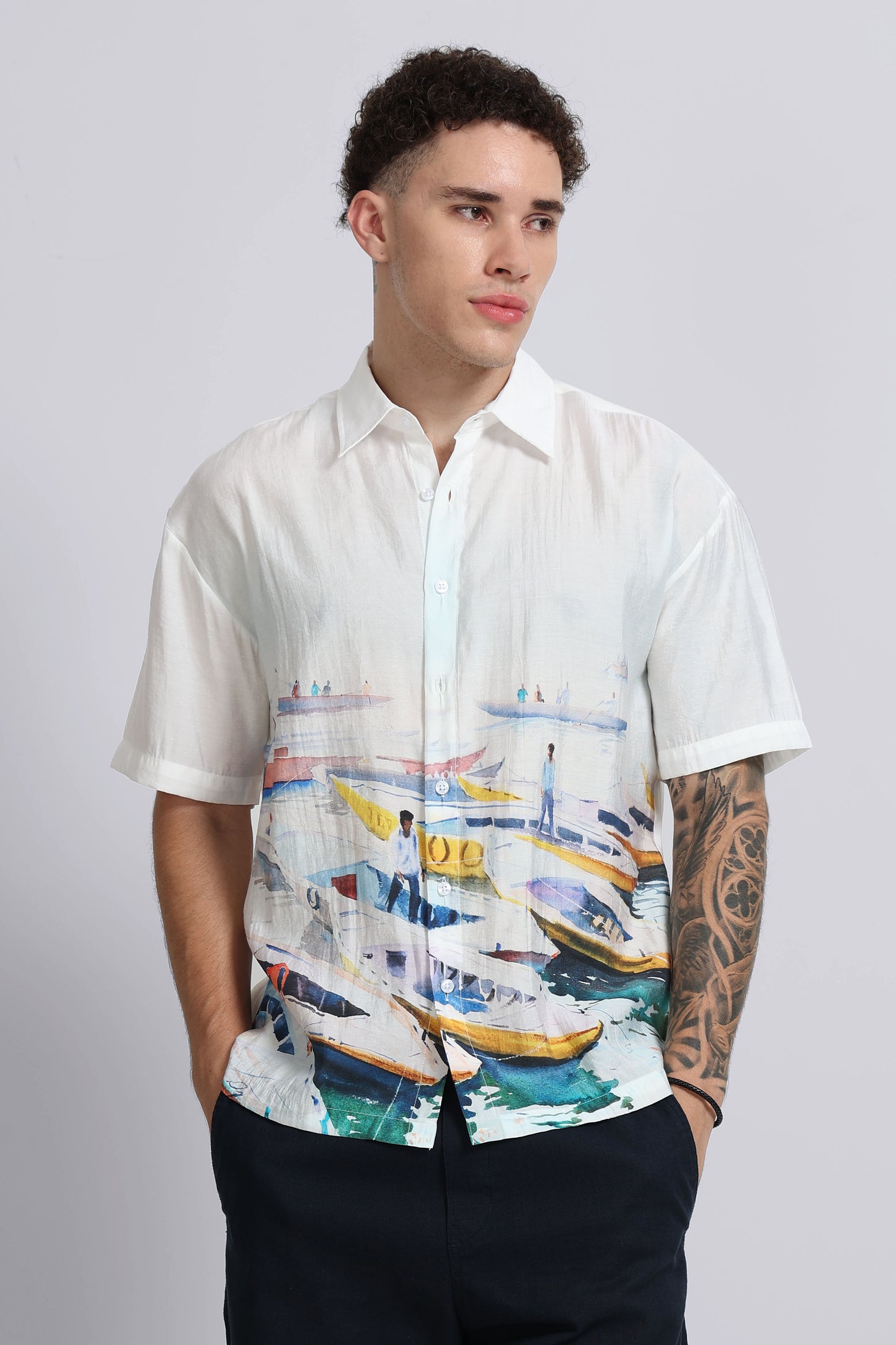 "Gearing Up For The Day" Oversized Print Shirt
