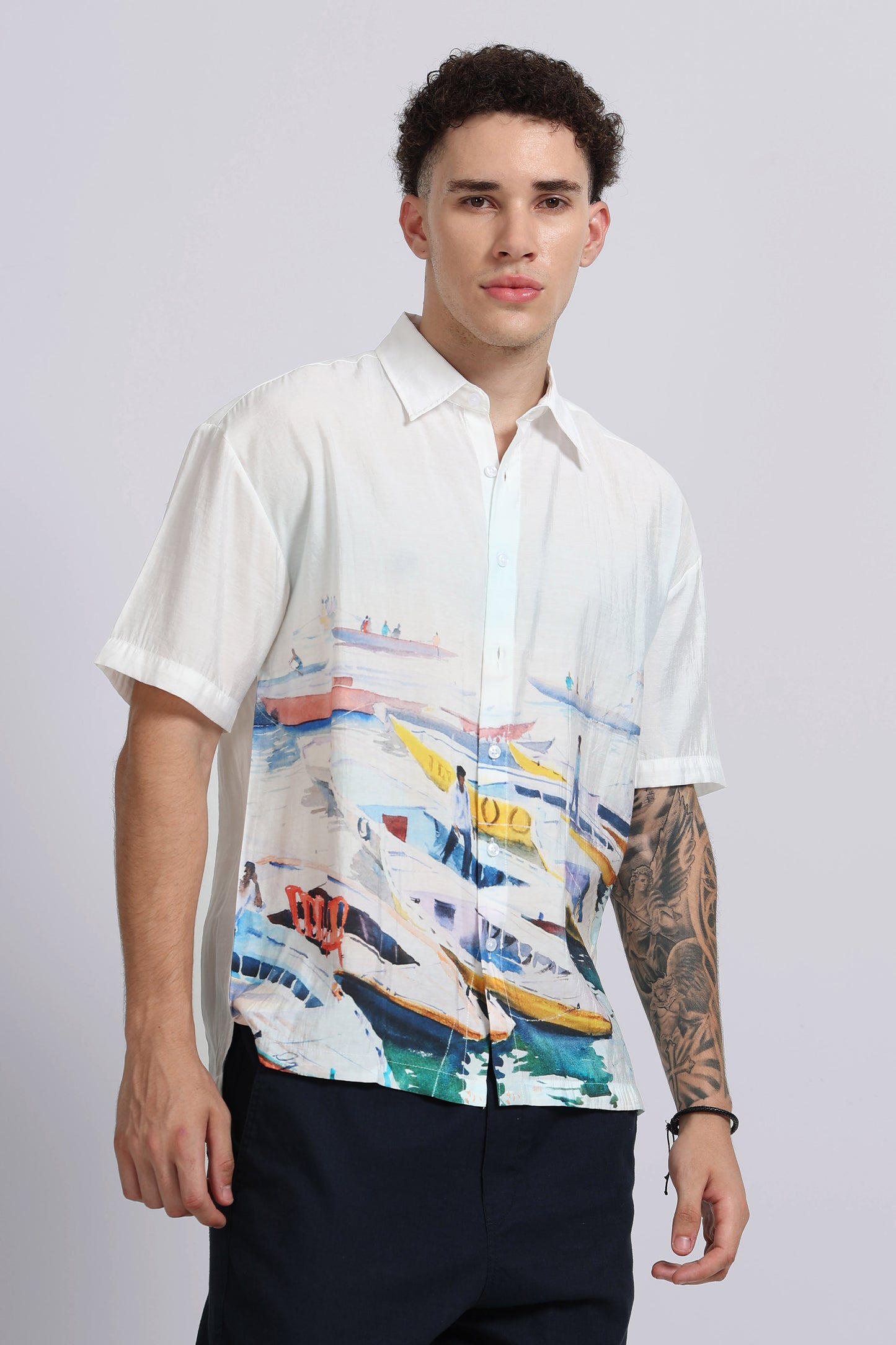 "Gearing Up For The Day" Oversized Print Shirt