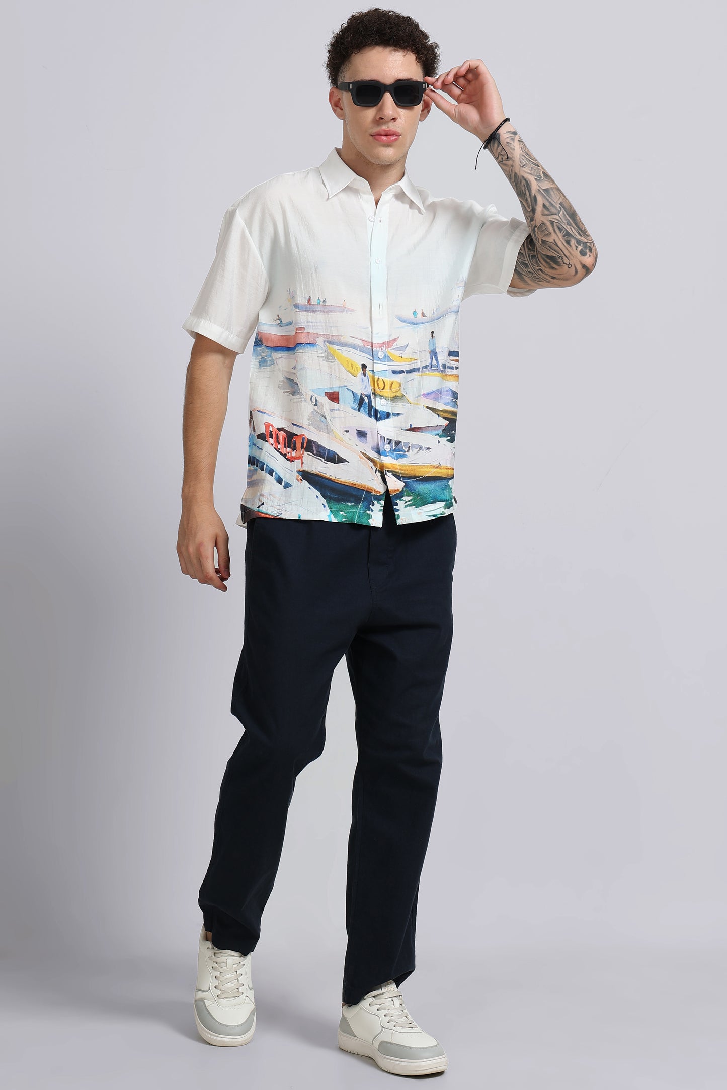 "Gearing Up For The Day" Oversized Print Shirt