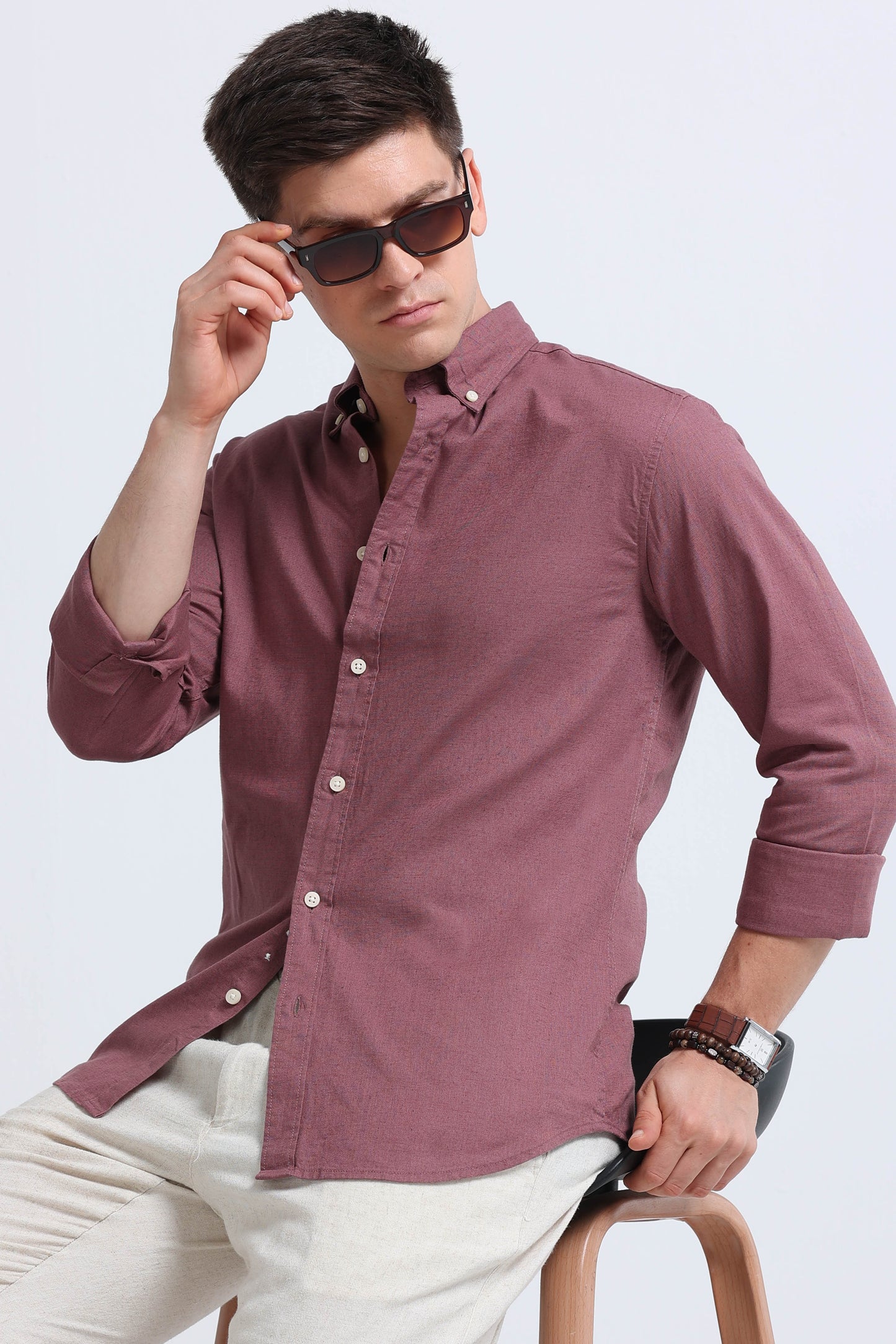 Classic Cotton Linen Button-Down Shirt Dusty Pink