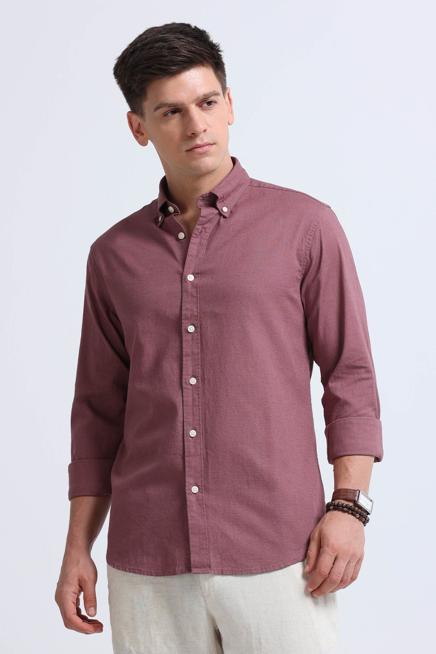 Classic Cotton Linen Button-Down Shirt Dusty Pink