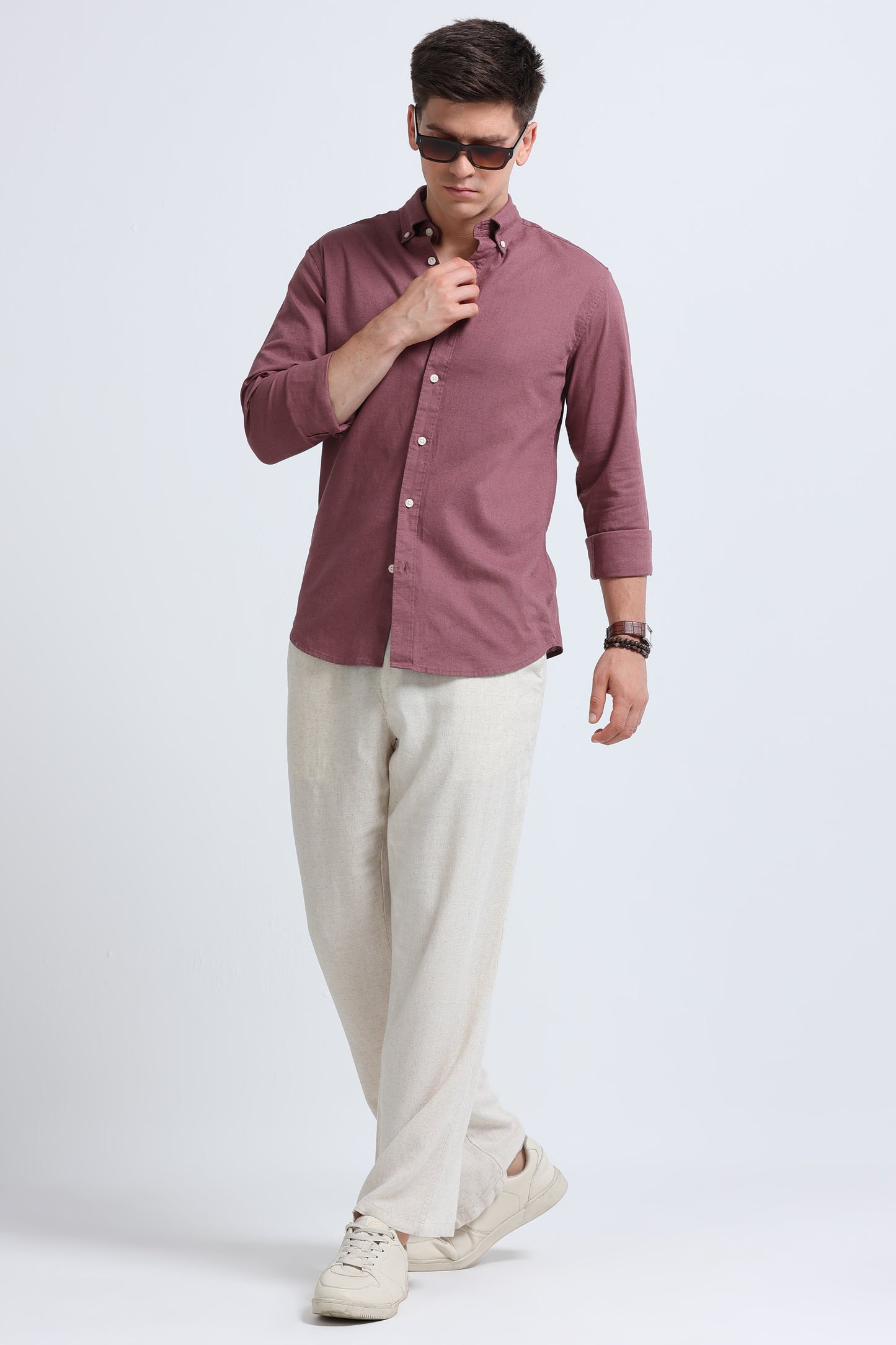Classic Cotton Linen Button-Down Shirt Dusty Pink