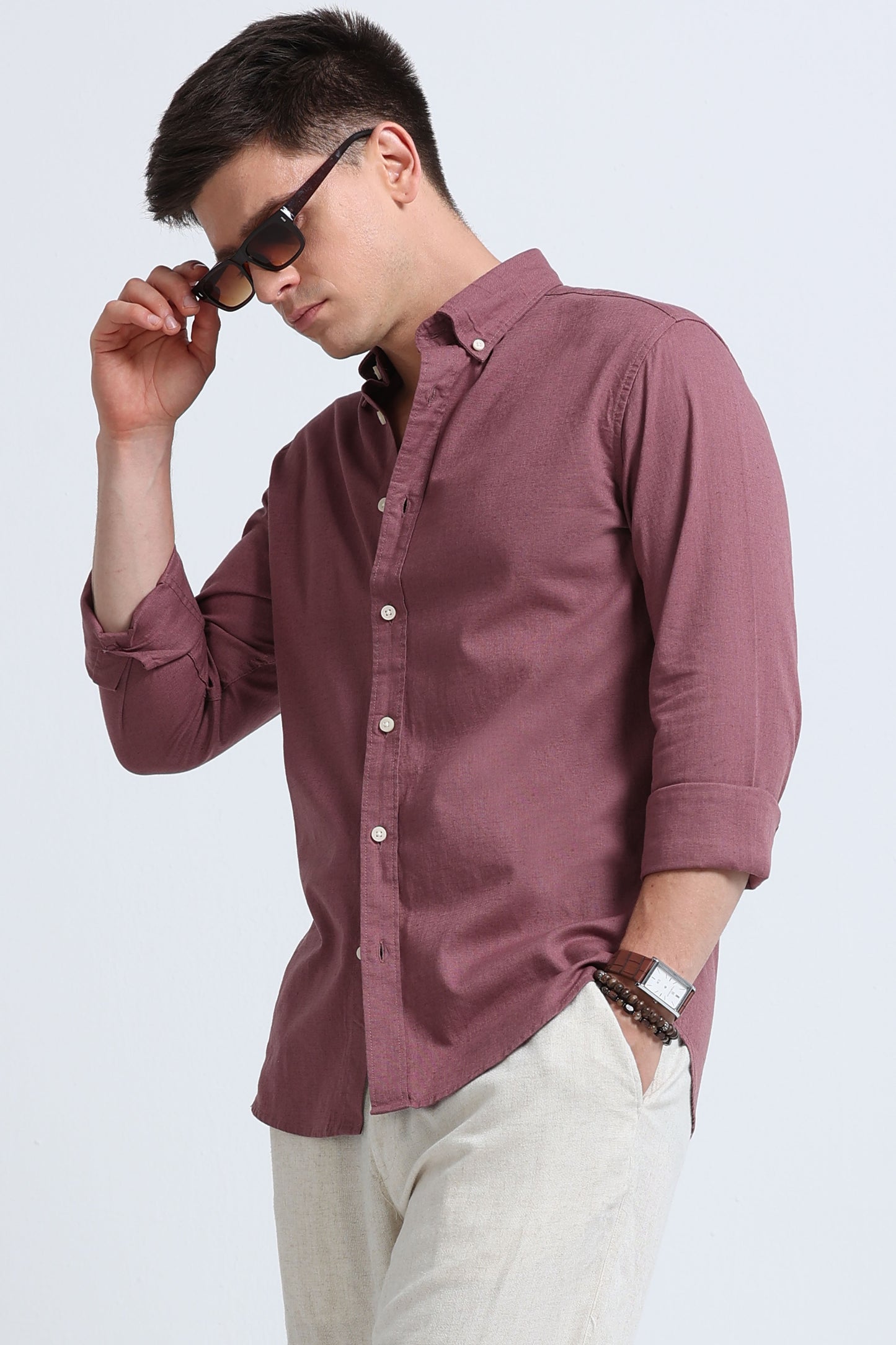 Classic Cotton Linen Button-Down Shirt Dusty Pink
