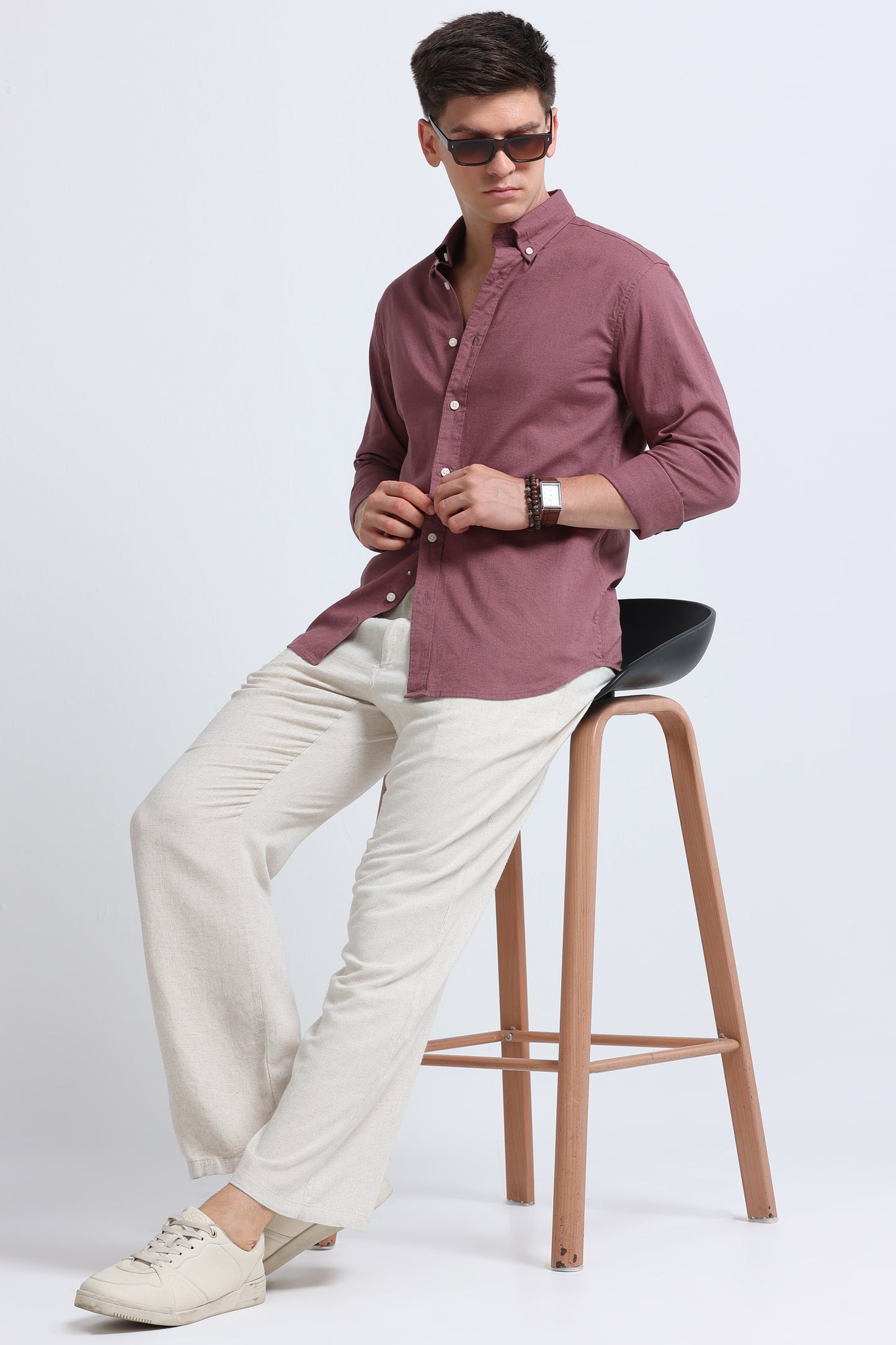 Classic Cotton Linen Button-Down Shirt Dusty Pink