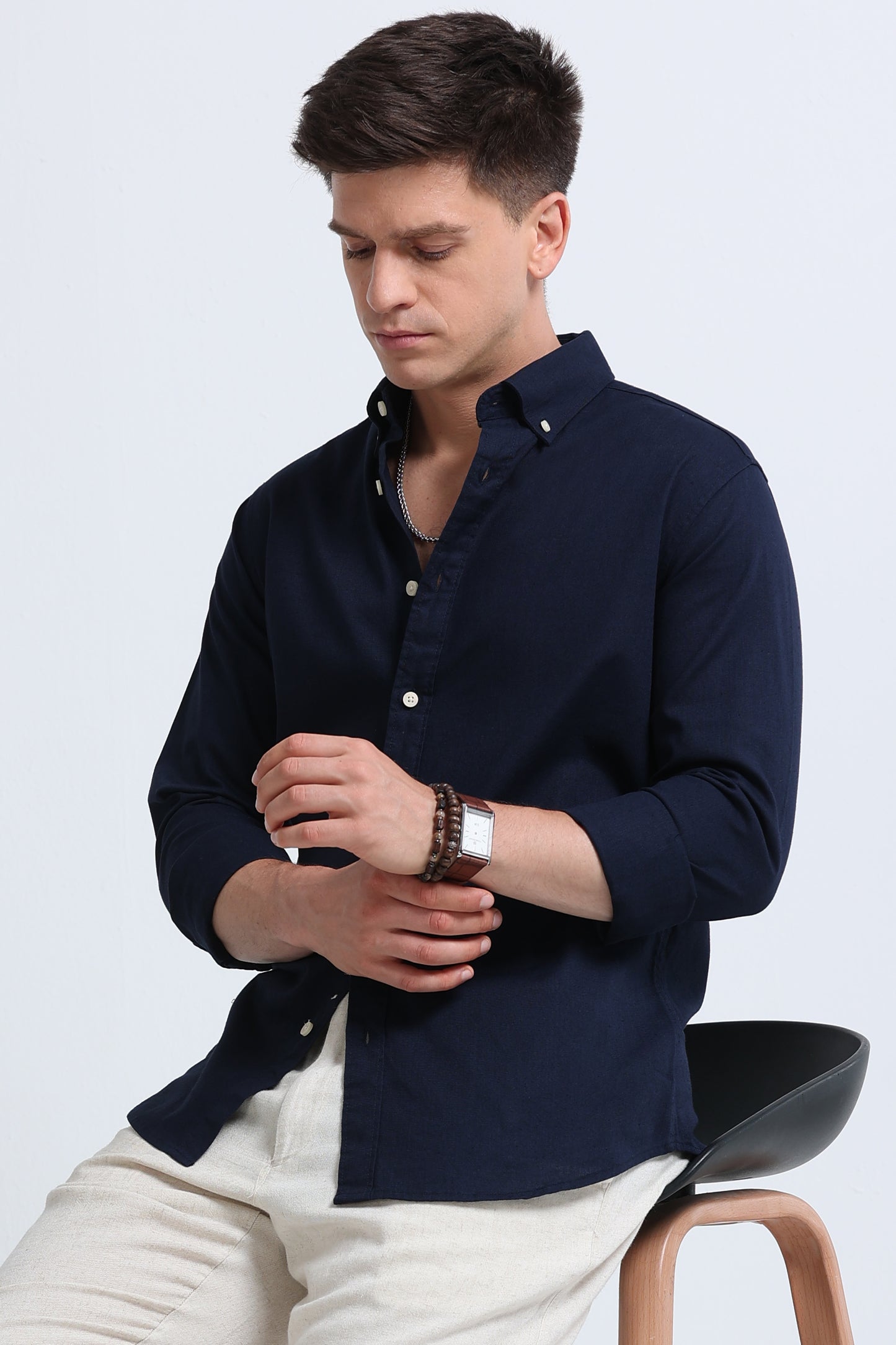 Classic Cotton Linen Button-Down Shirt Navy