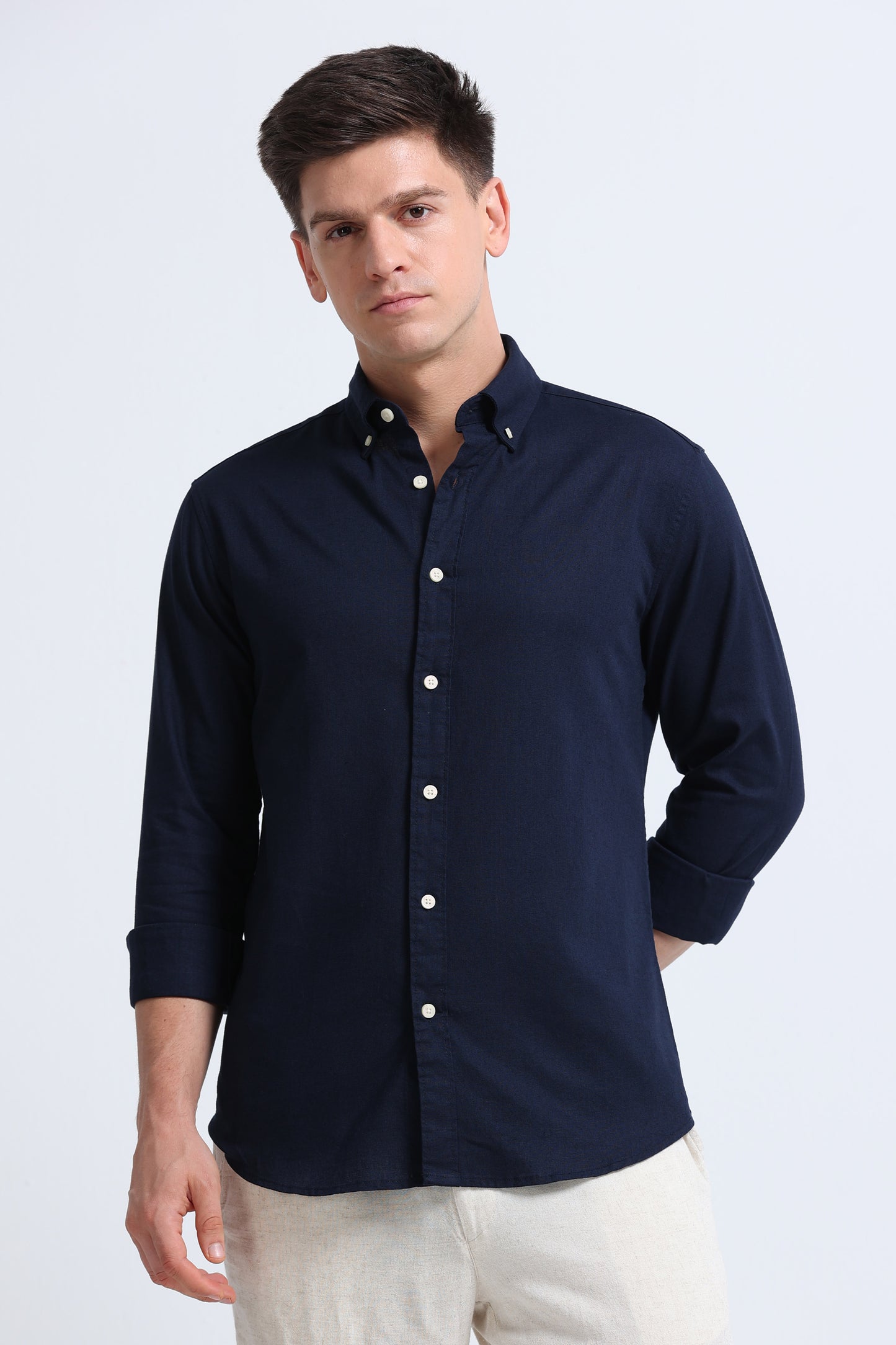 Classic Cotton Linen Button-Down Shirt Navy