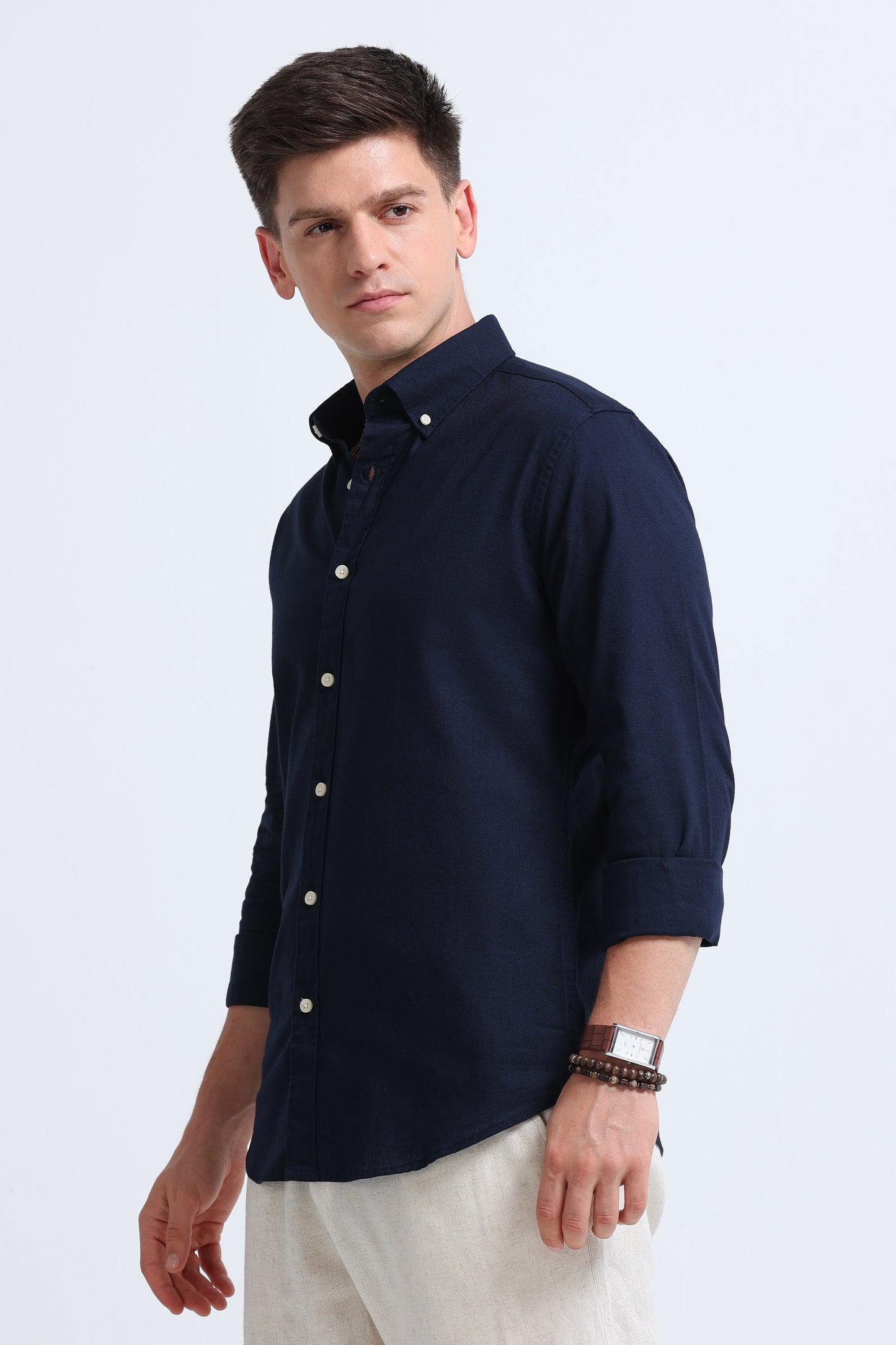 Classic Cotton Linen Button-Down Shirt Navy