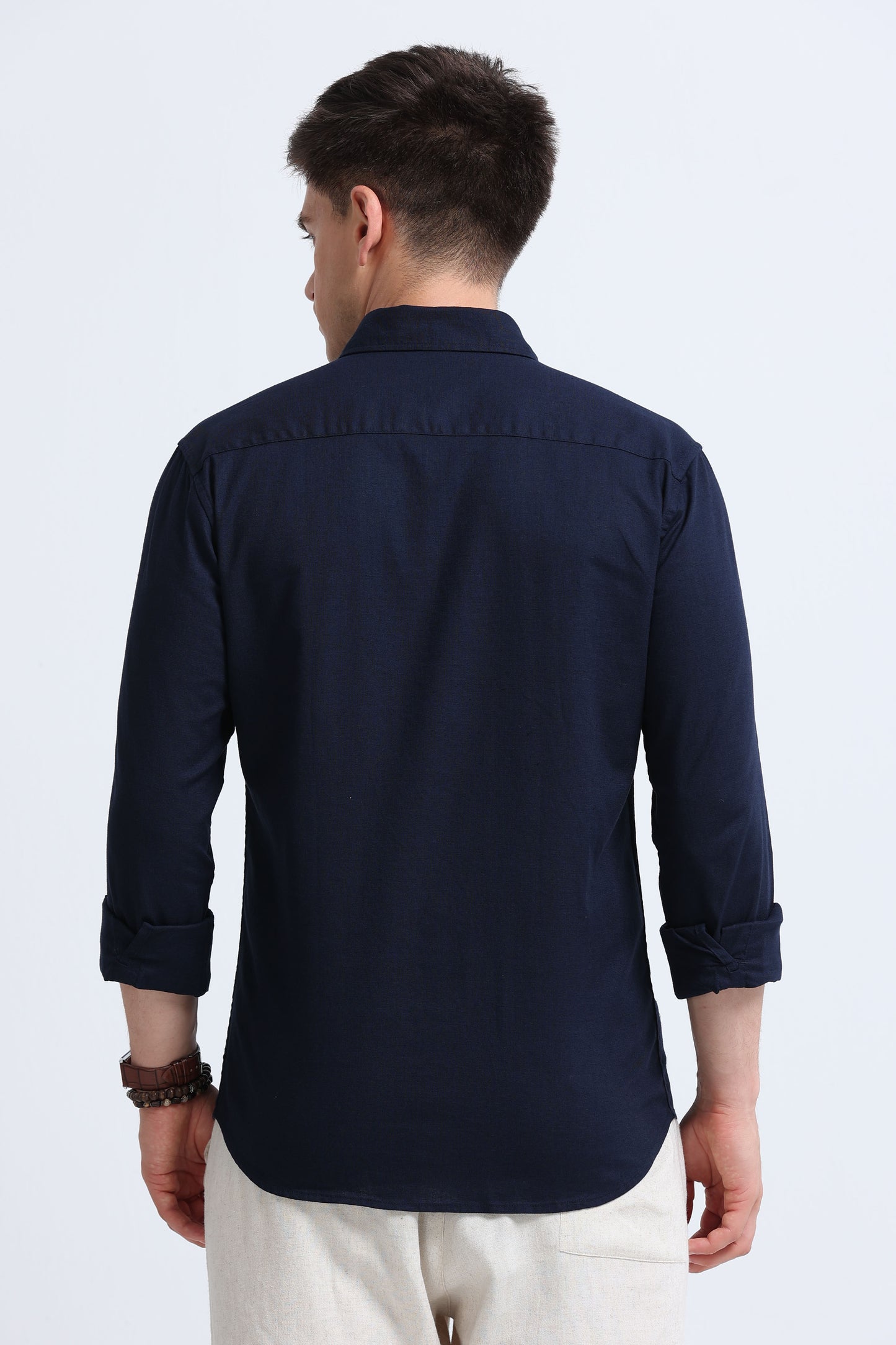 Classic Cotton Linen Button-Down Shirt Navy