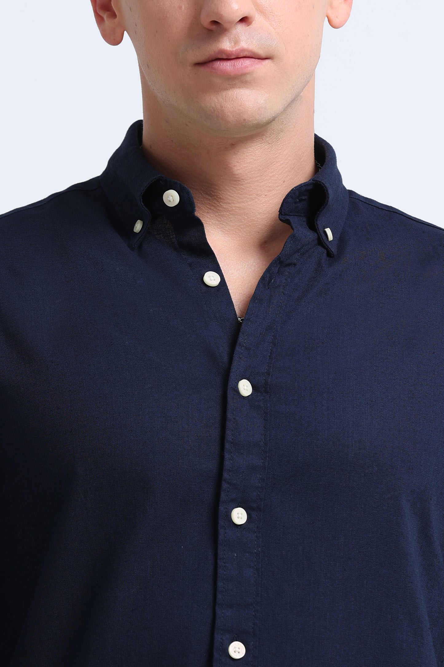 Classic Cotton Linen Button-Down Shirt Navy