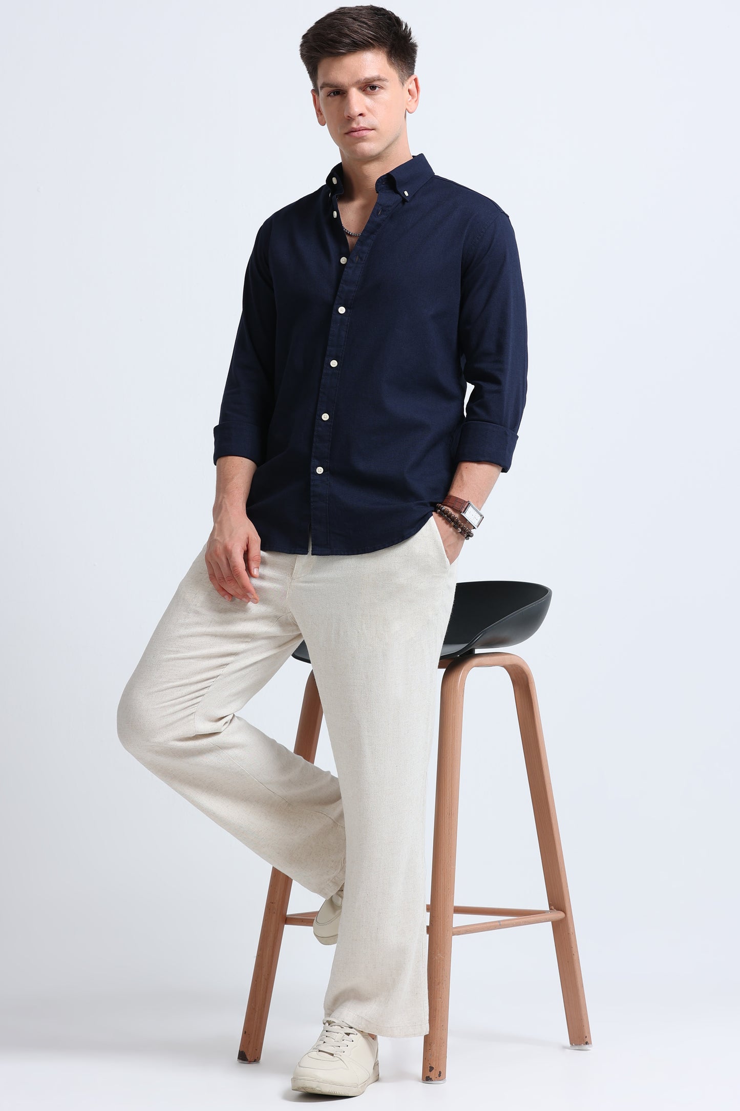 Classic Cotton Linen Button-Down Shirt Navy