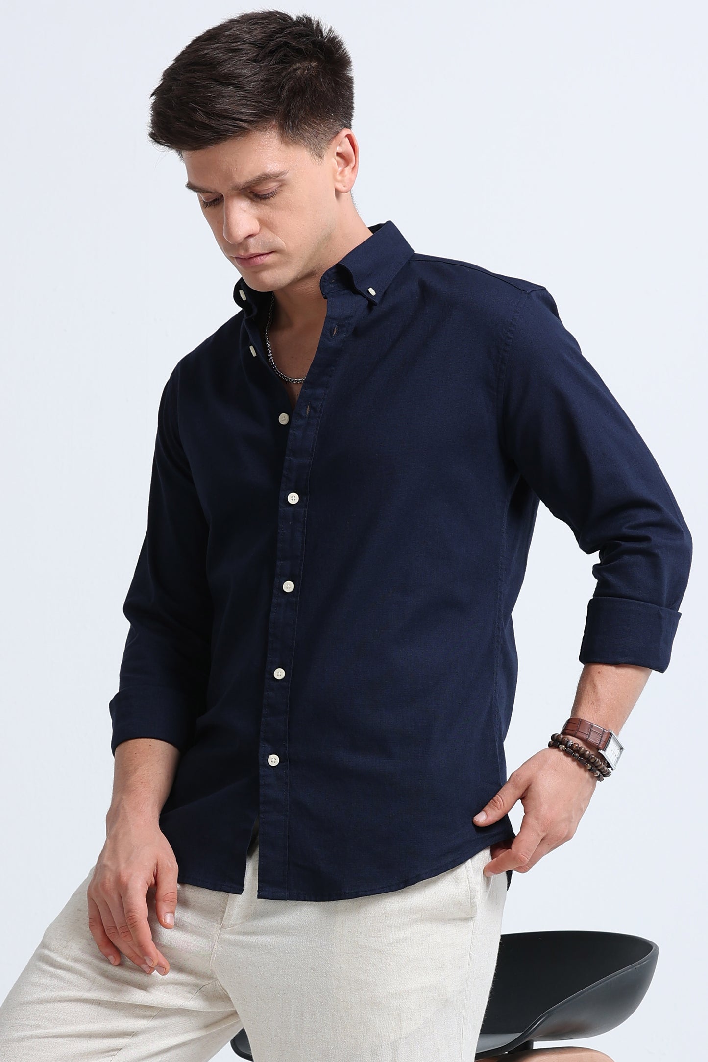 Classic Cotton Linen Button-Down Shirt Navy