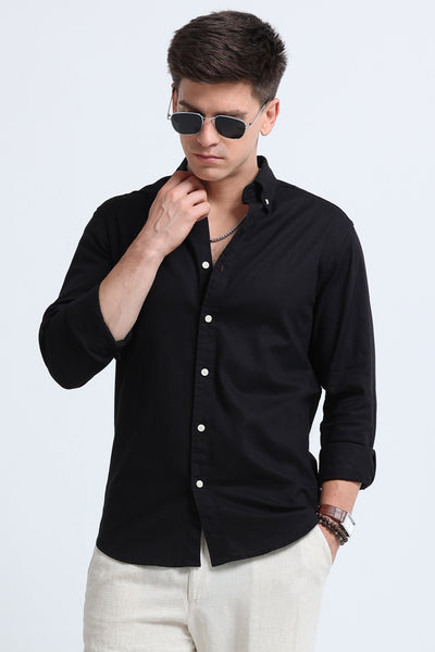 Men's Black Cotton Linen Shirt - Slim Fit Casual