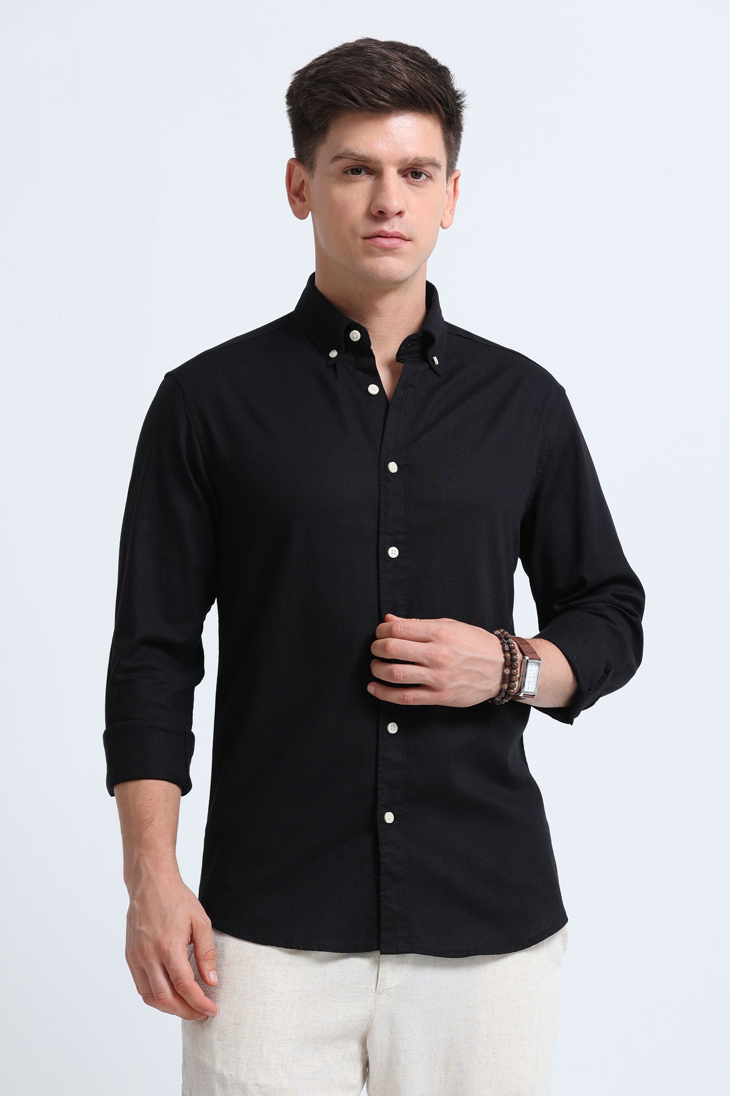 Classic Cotton Linen Button-Down Shirt Black