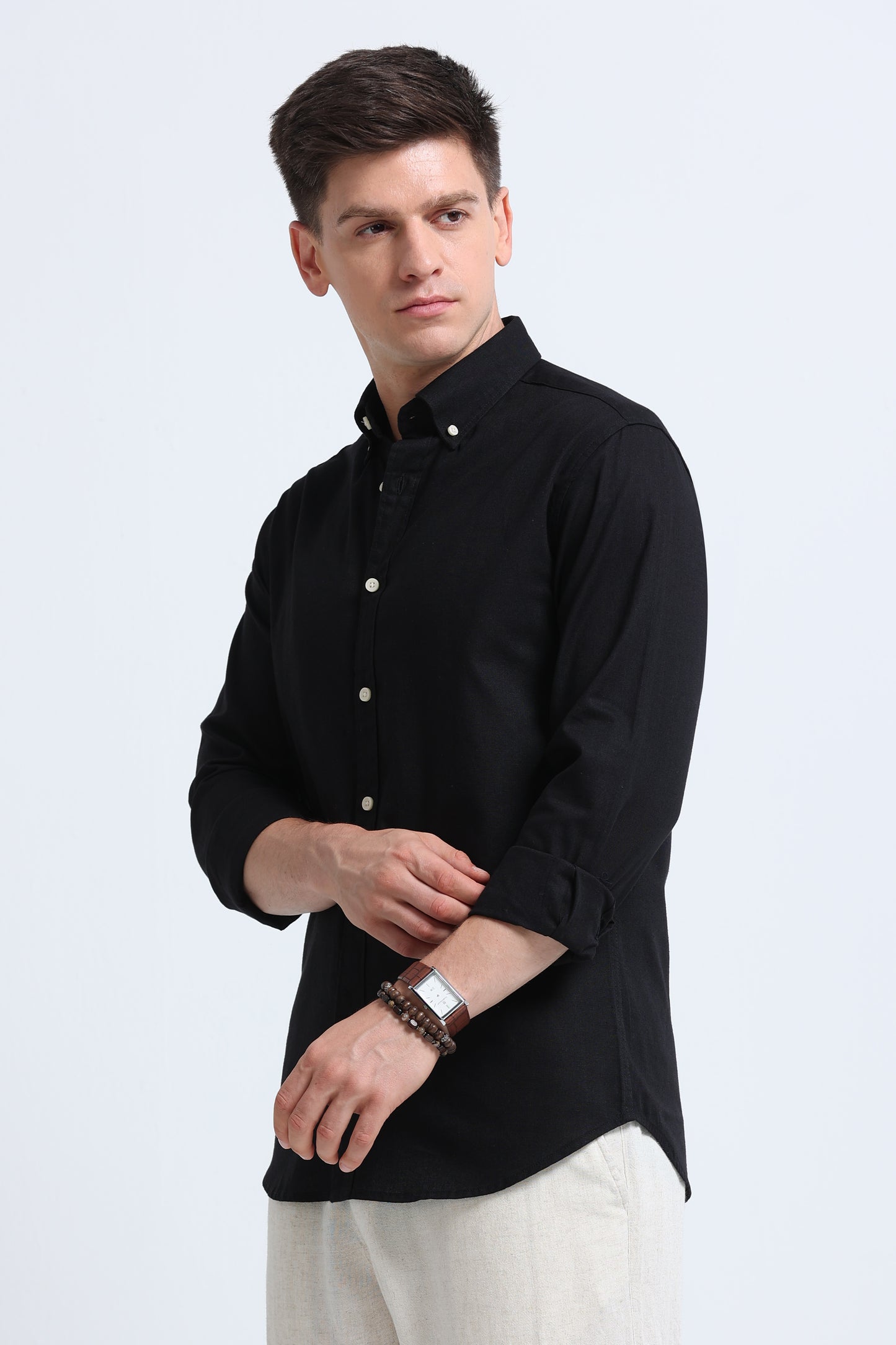 Classic Cotton Linen Button-Down Shirt Black