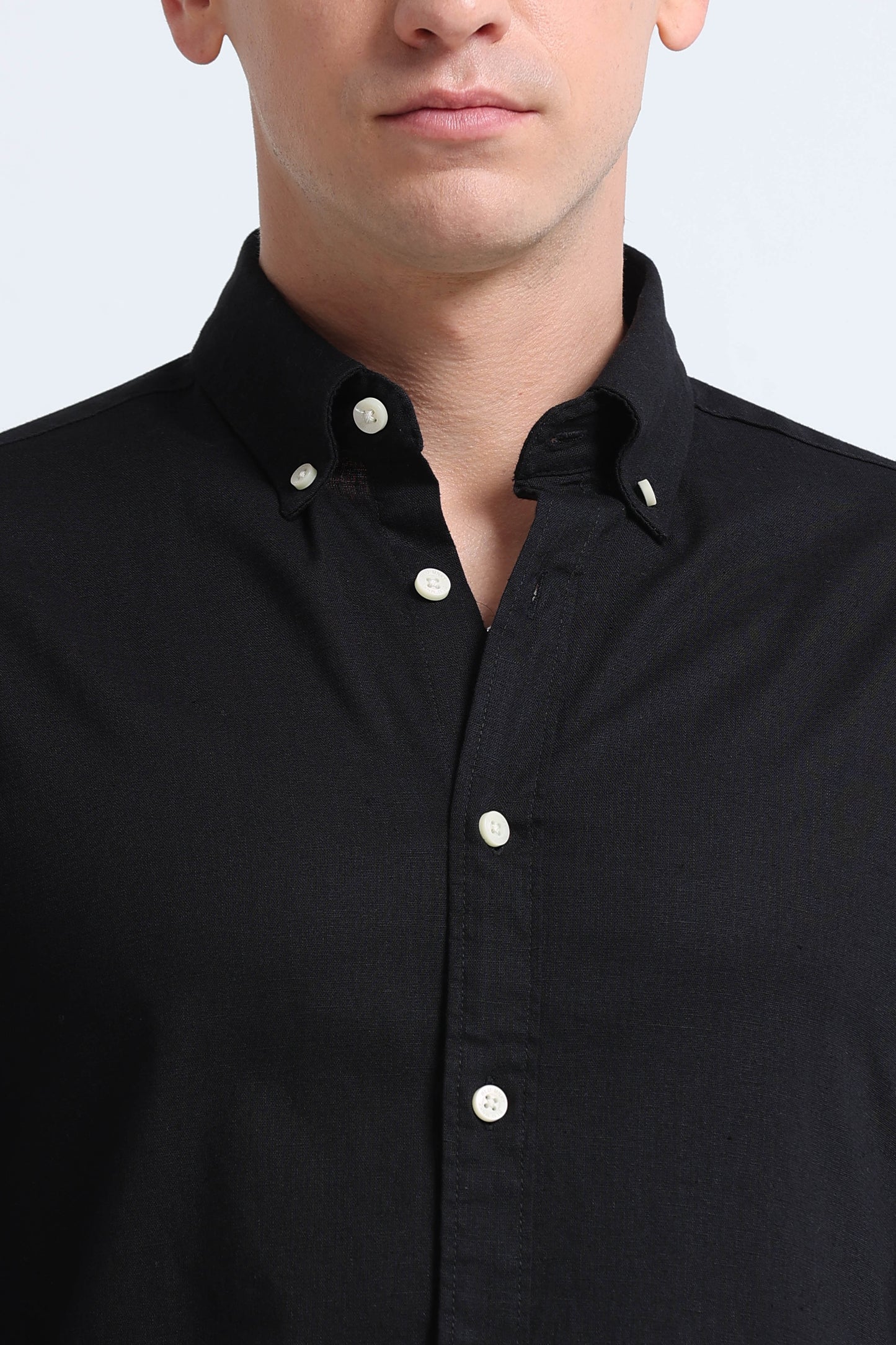 Classic Cotton Linen Button-Down Shirt Black