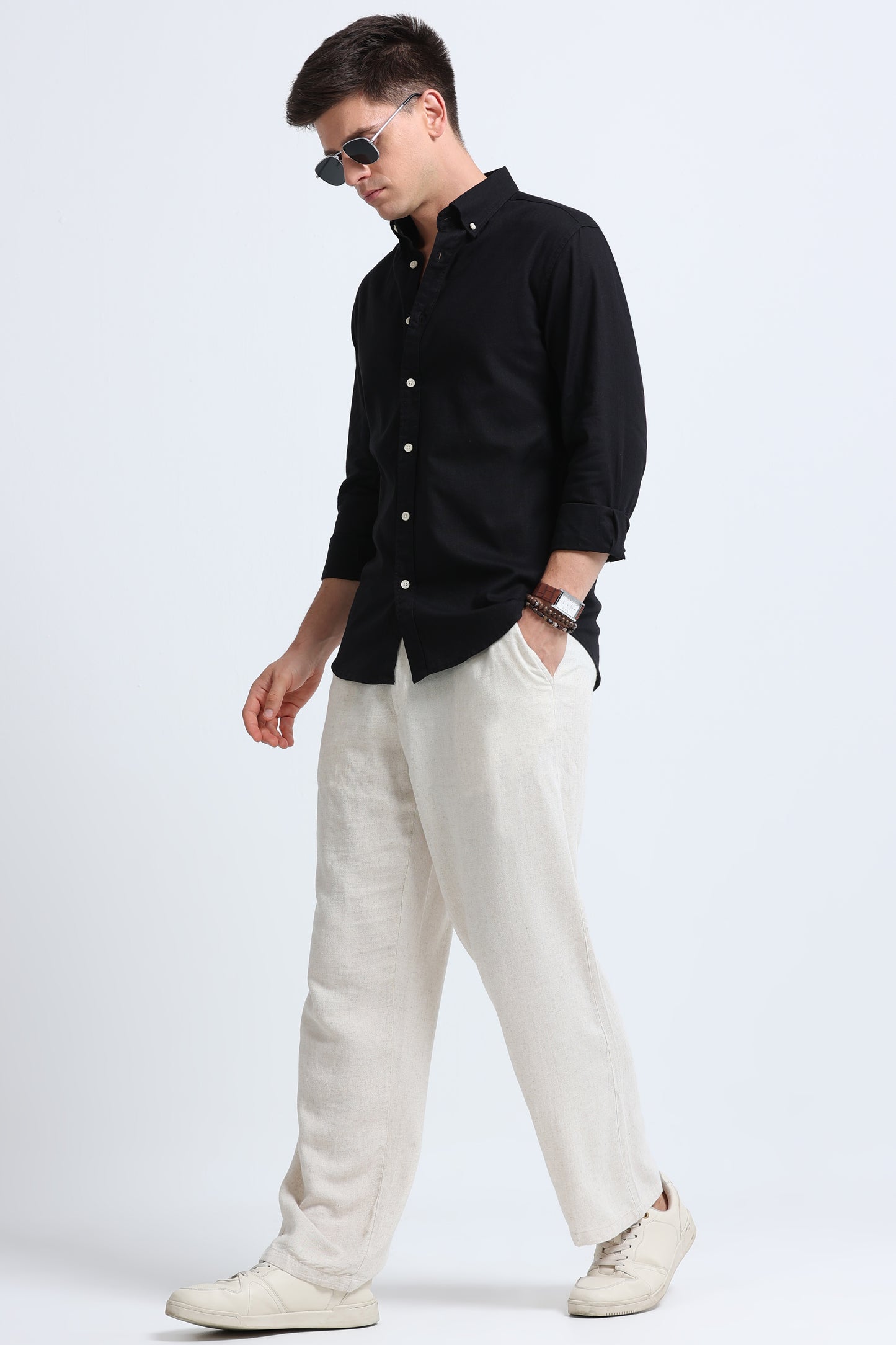 Classic Cotton Linen Button-Down Shirt Black