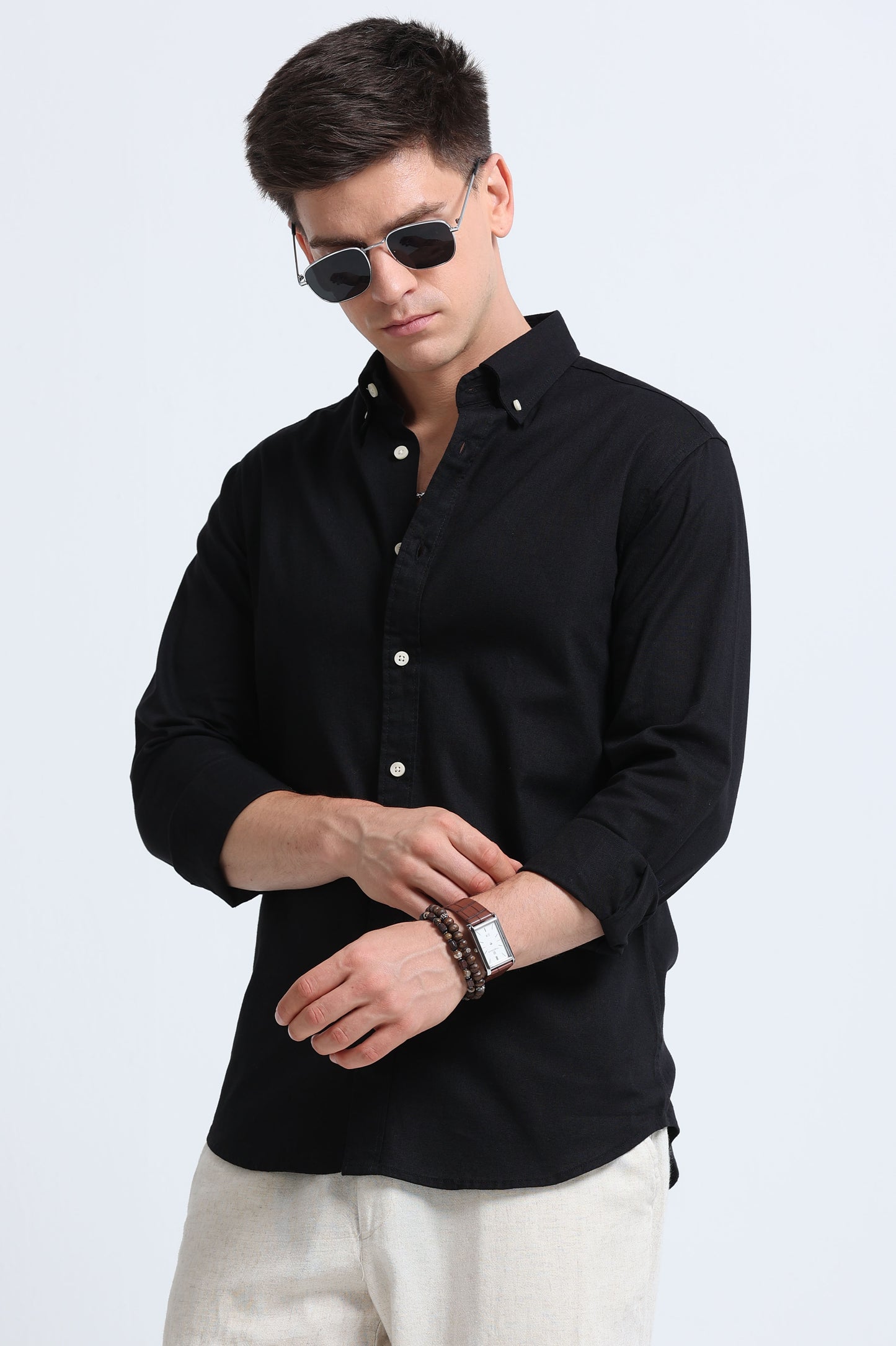 Classic Cotton Linen Button-Down Shirt Black