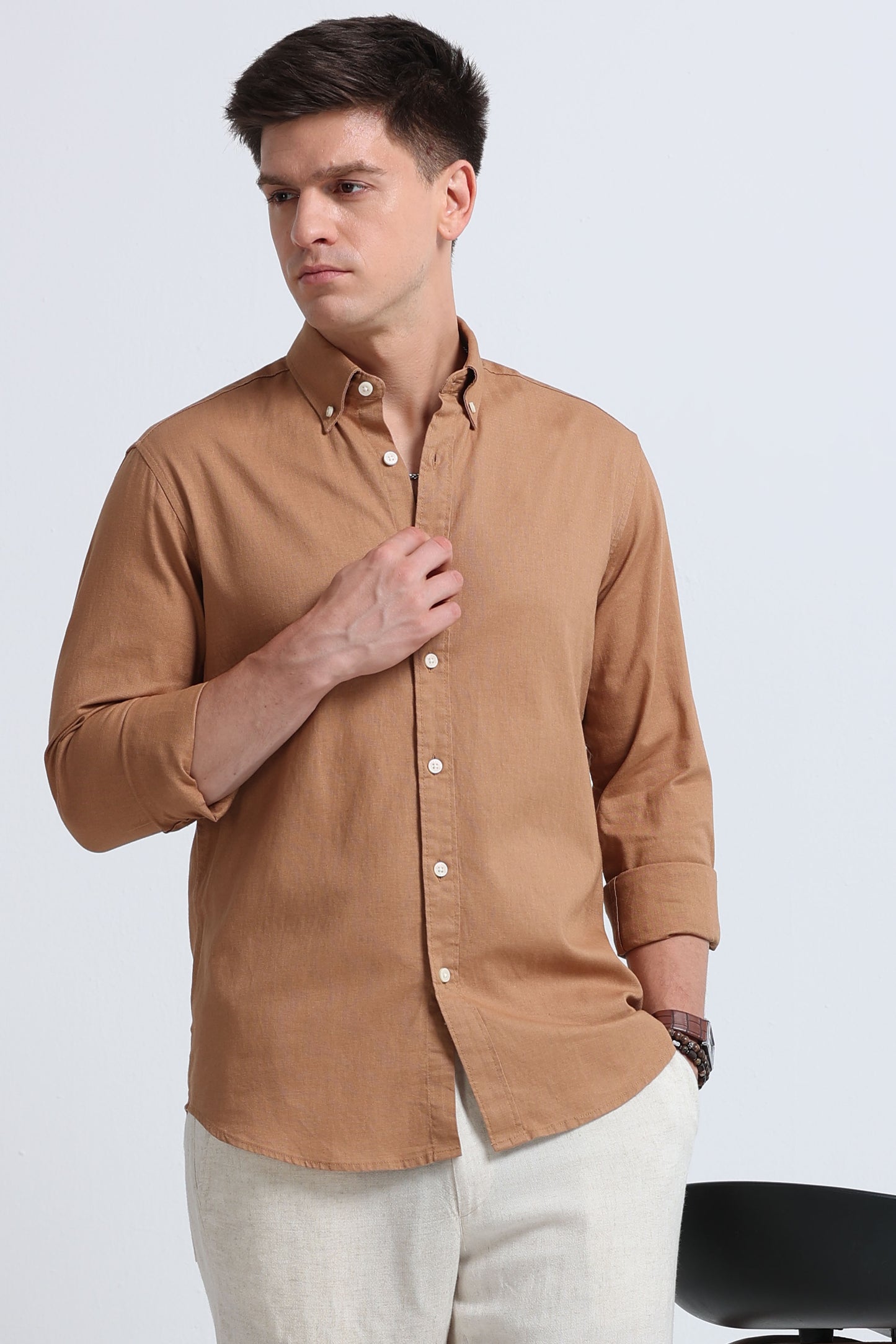 Classic Cotton Linen Button-Down Shirt Mustard Yellow