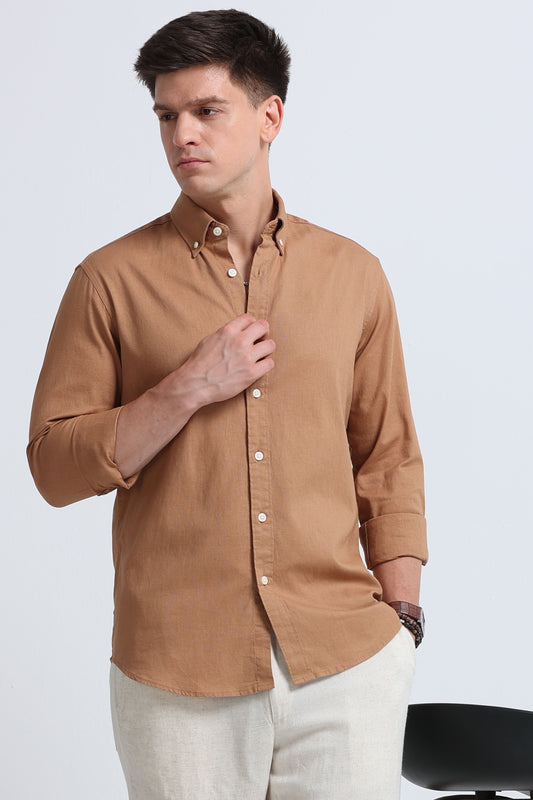 Classic Cotton Linen Button-Down Shirt Mustard Yellow