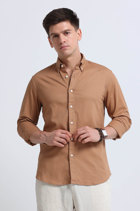 Classic Cotton Linen Button-Down Shirt Mustard Yellow
