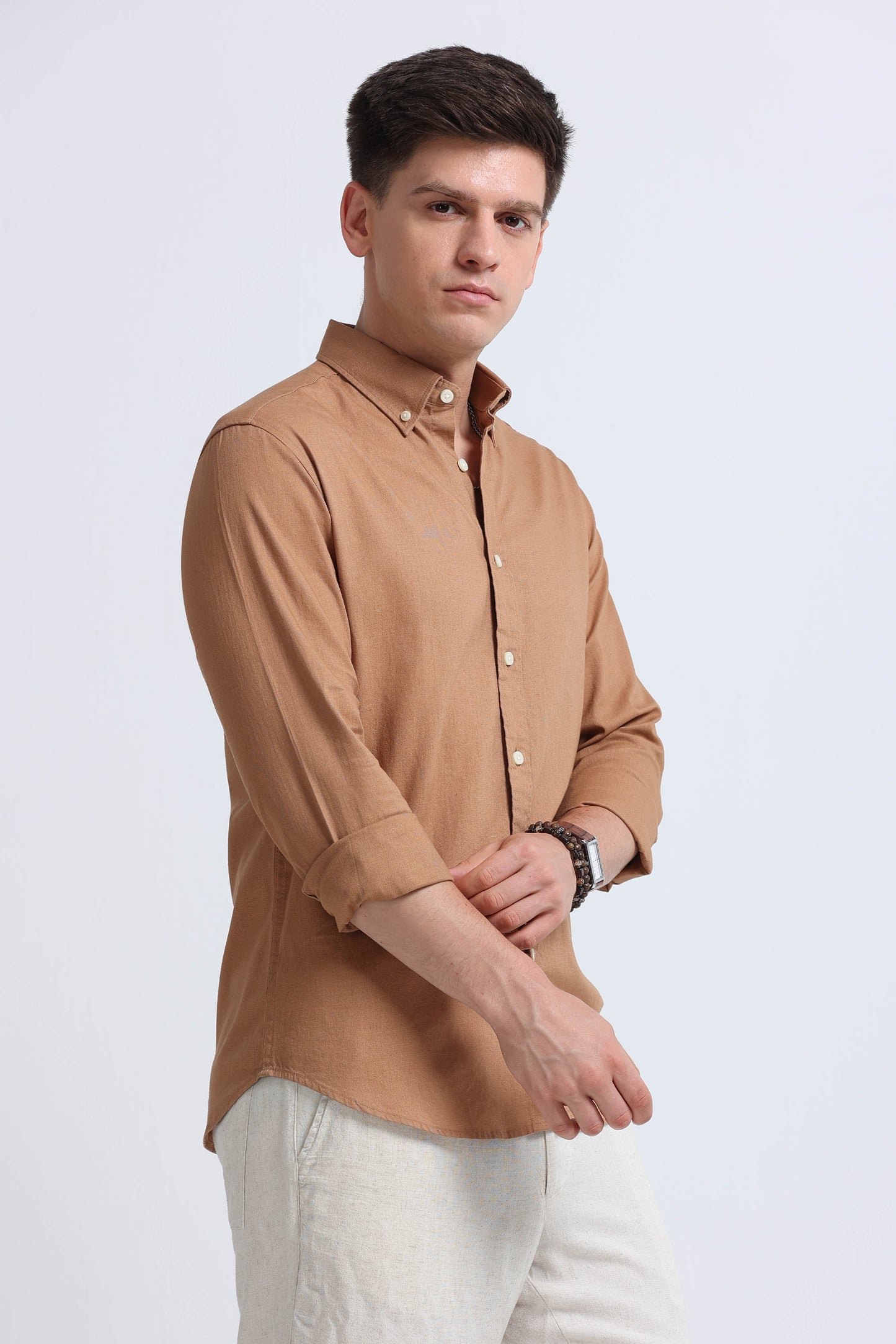 Classic Cotton Linen Button-Down Shirt Mustard Yellow