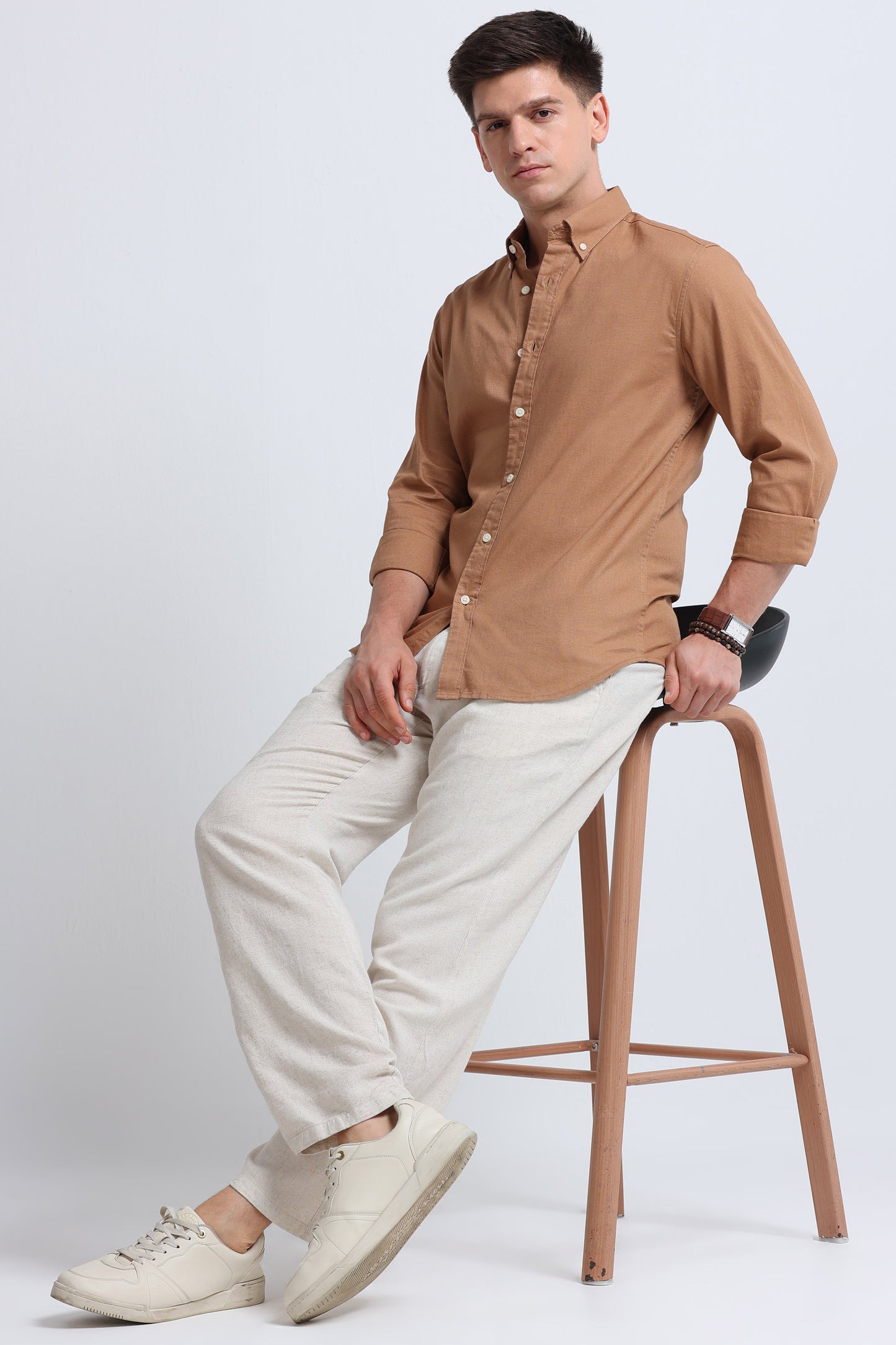 Classic Cotton Linen Button-Down Shirt Mustard Yellow