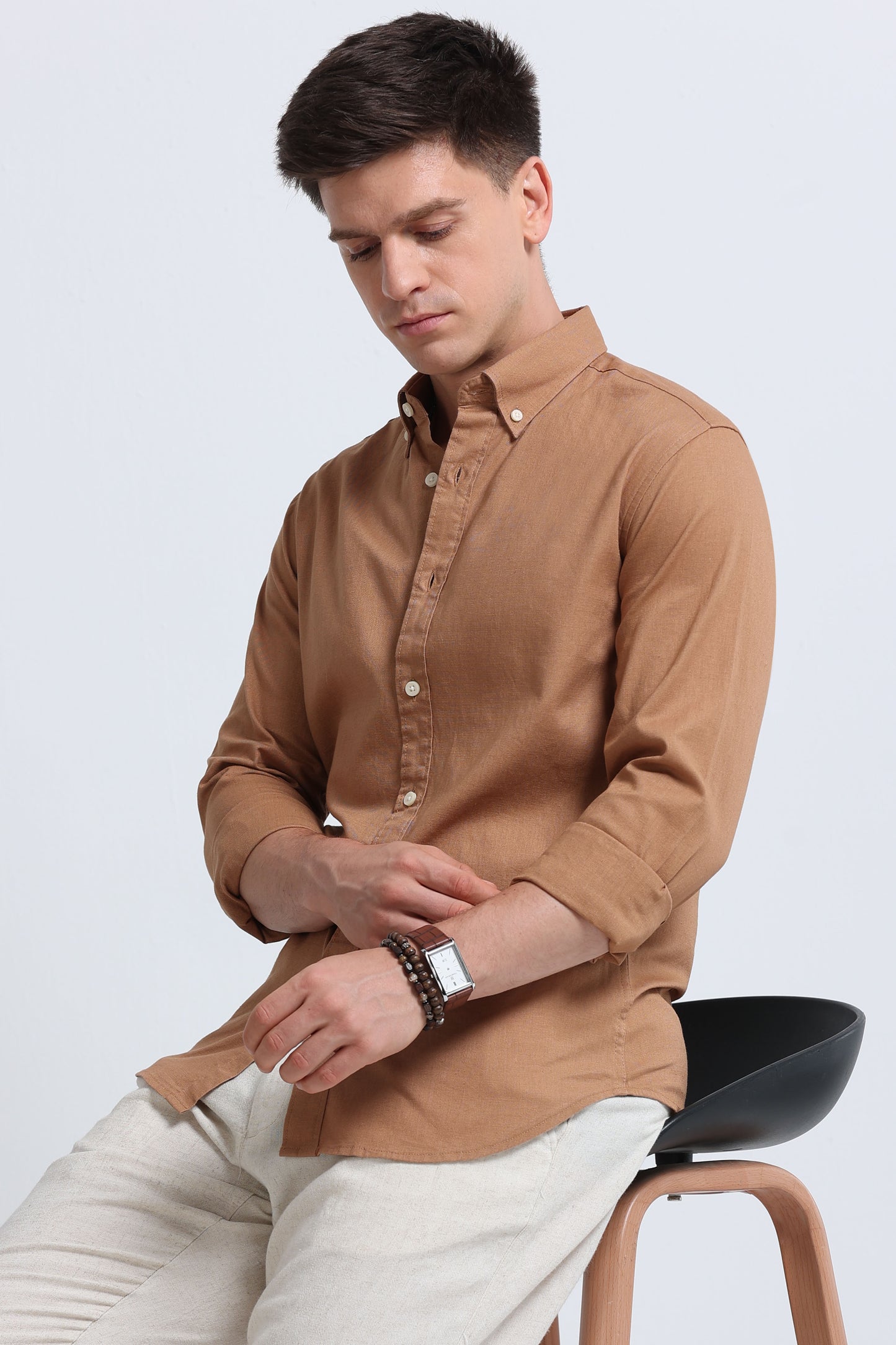 Classic Cotton Linen Button-Down Shirt Mustard Yellow