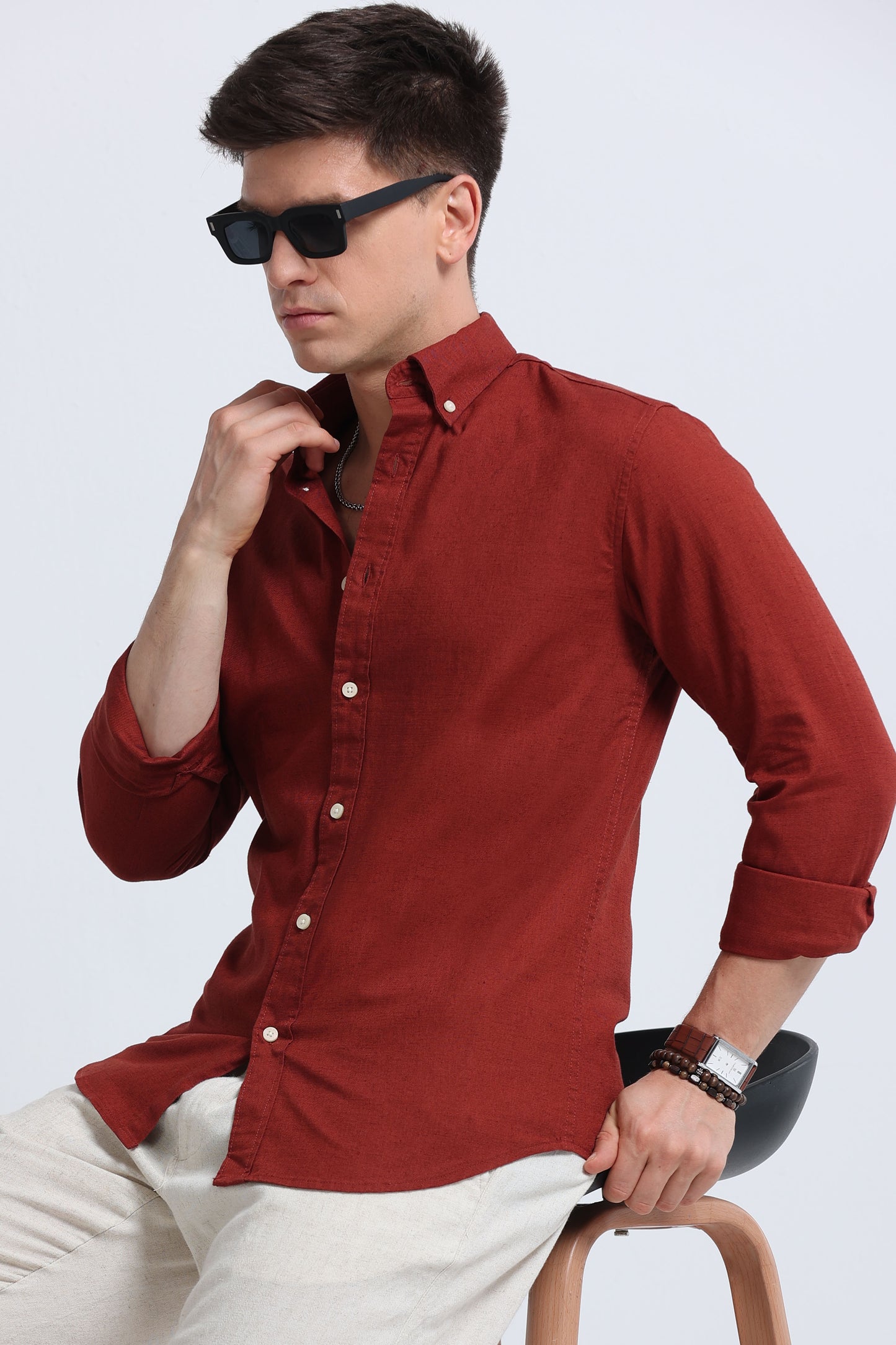 Classic Cotton Linen Button-Down Shirt Rust Brown