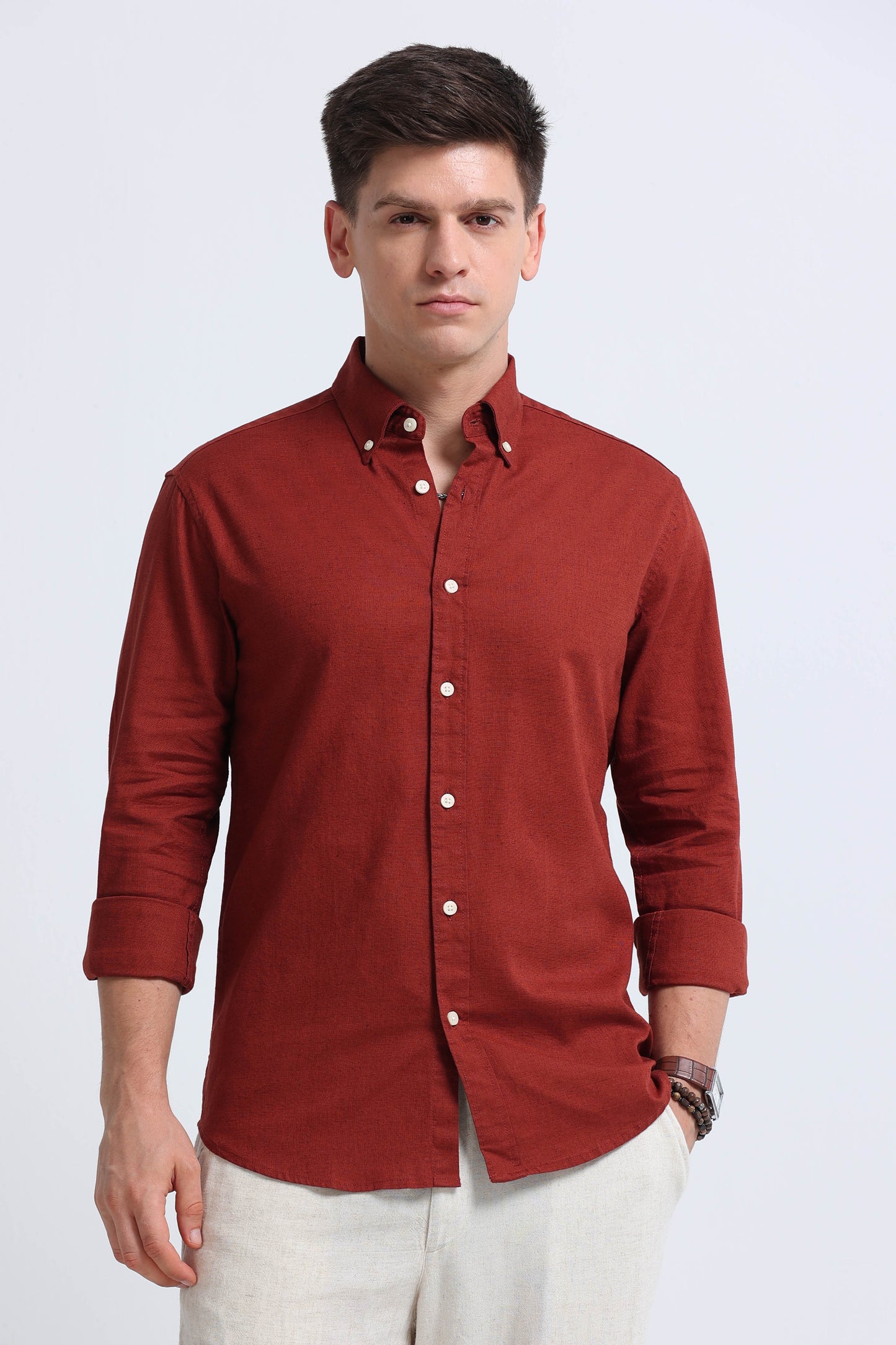 Classic Cotton Linen Button-Down Shirt Rust Brown