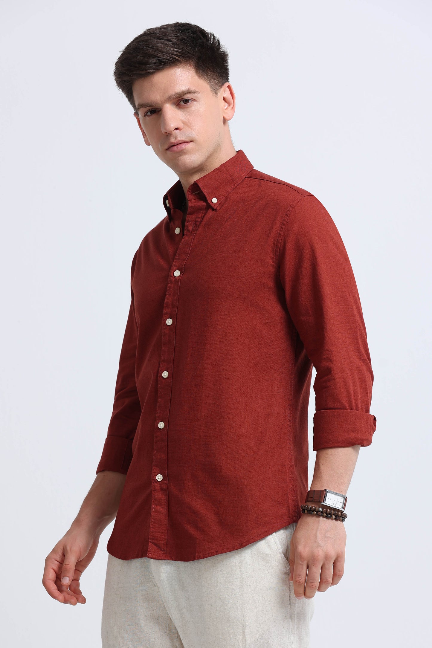 Classic Cotton Linen Button-Down Shirt Rust Brown