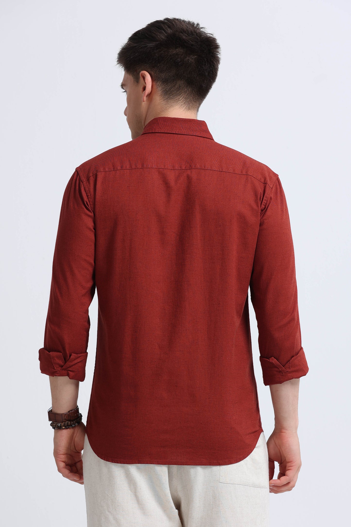 Classic Cotton Linen Button-Down Shirt Rust Brown