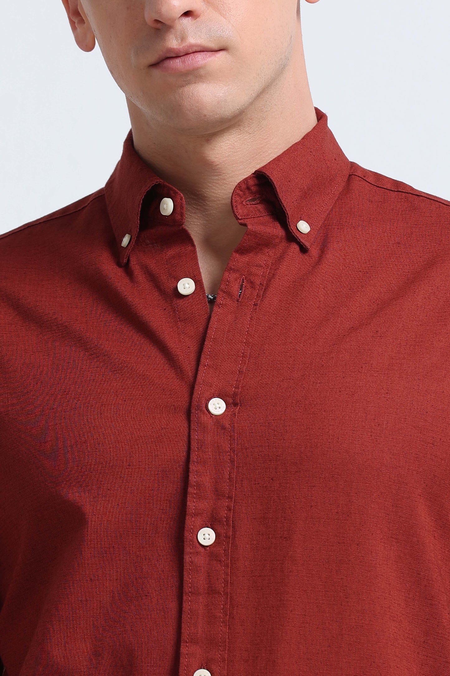 Classic Cotton Linen Button-Down Shirt Rust Brown