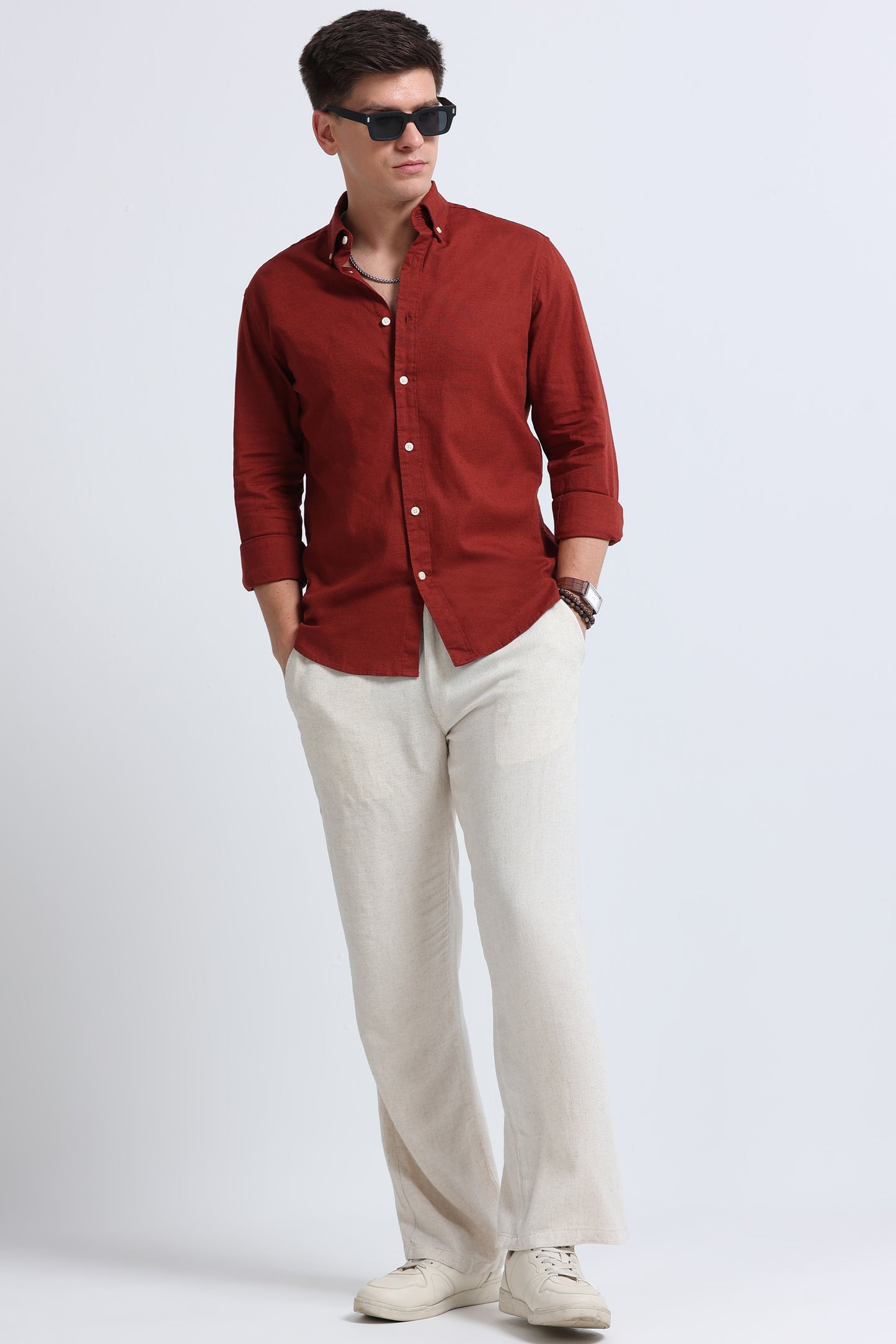 Classic Cotton Linen Button-Down Shirt Rust Brown