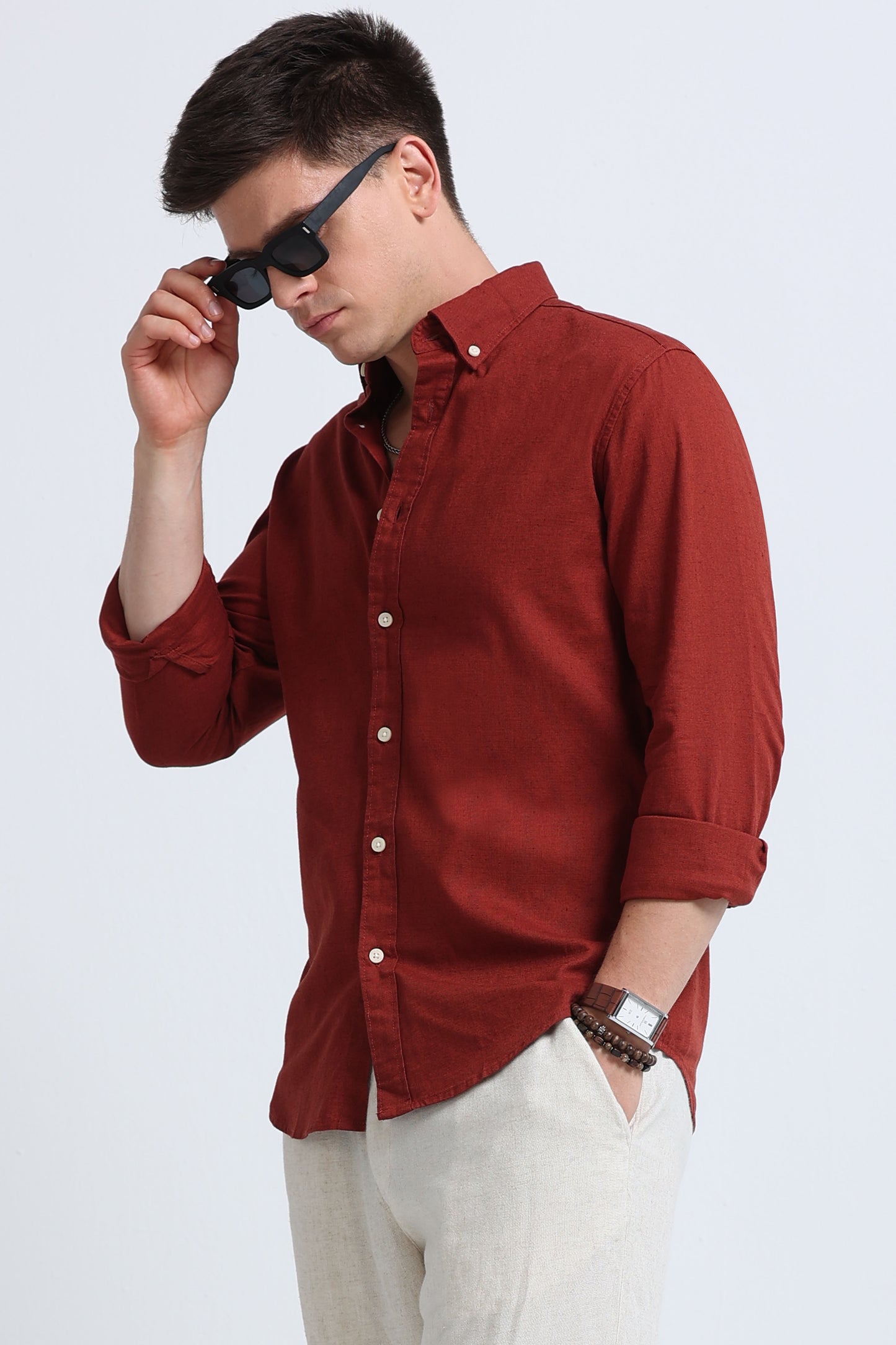 Classic Cotton Linen Button-Down Shirt Rust Brown