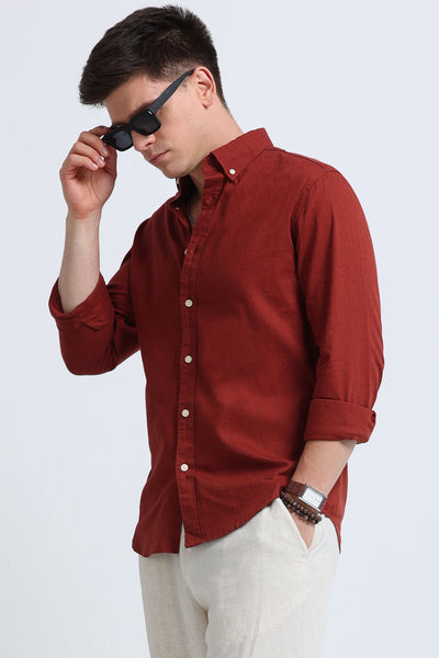 Classic Cotton Linen Button-Down Shirt Rust Brown