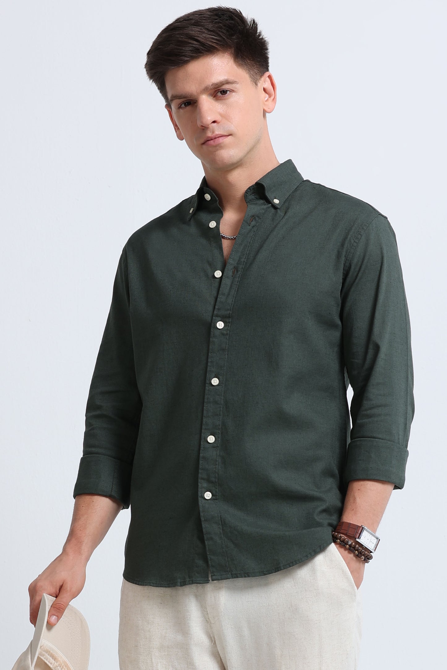 Classic Cotton Linen Button-Down Shirt Green