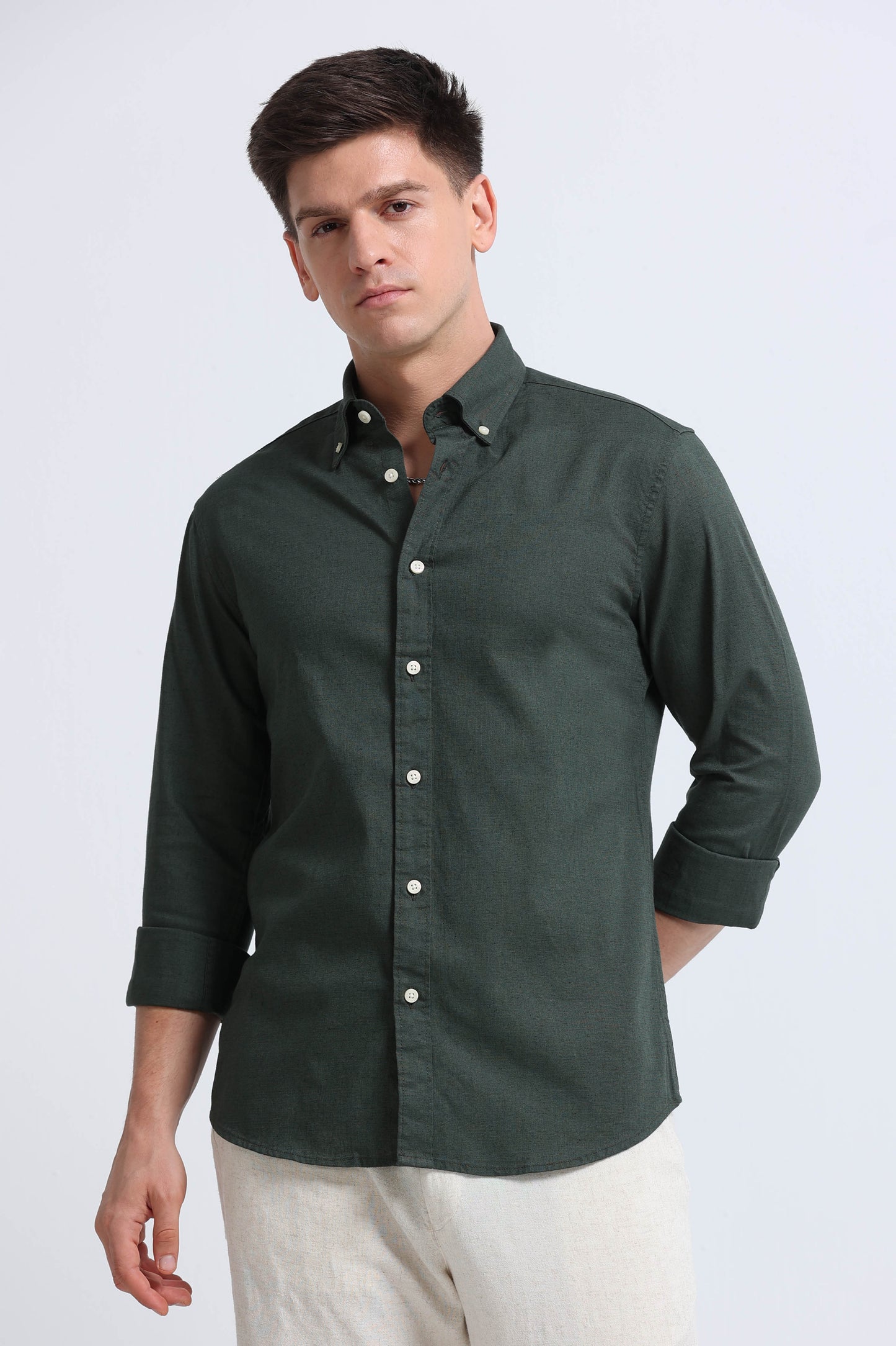 Classic Cotton Linen Button-Down Shirt Green