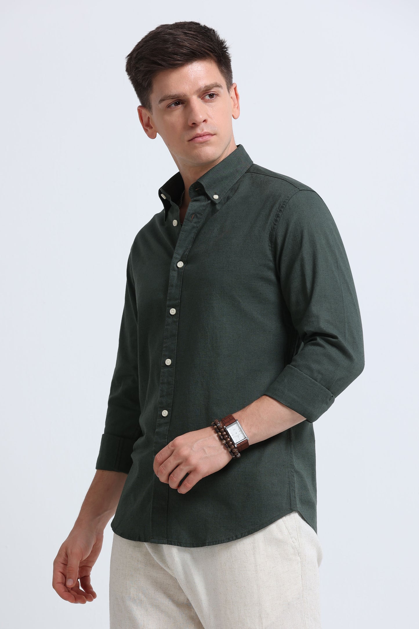 Classic Cotton Linen Button-Down Shirt Green
