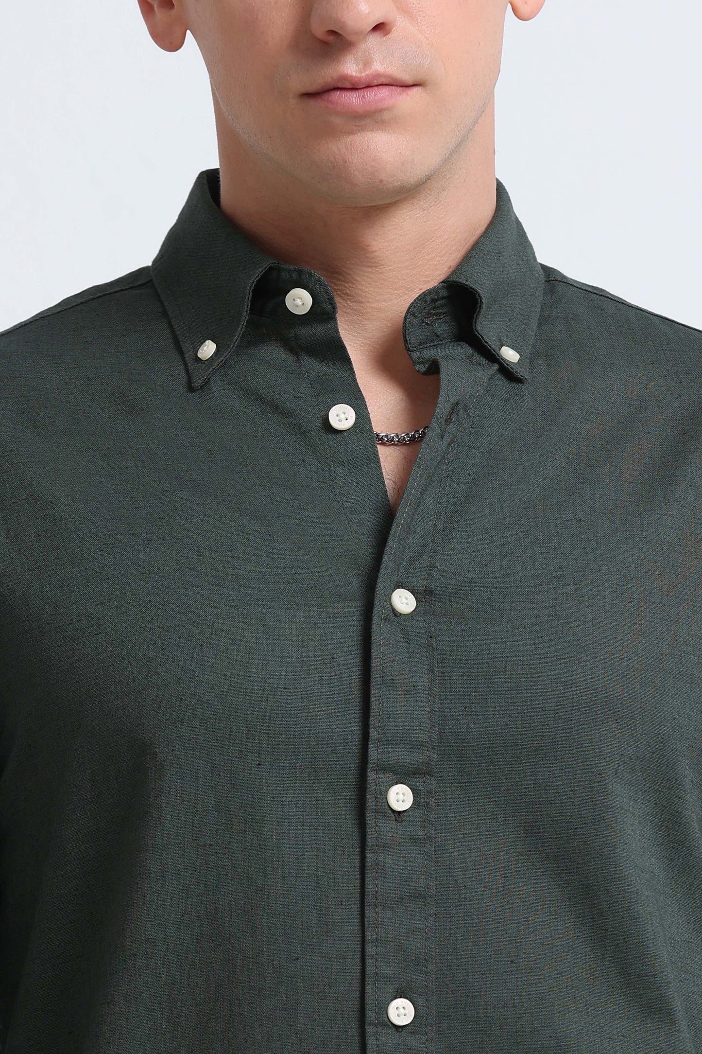 Classic Cotton Linen Button-Down Shirt Green