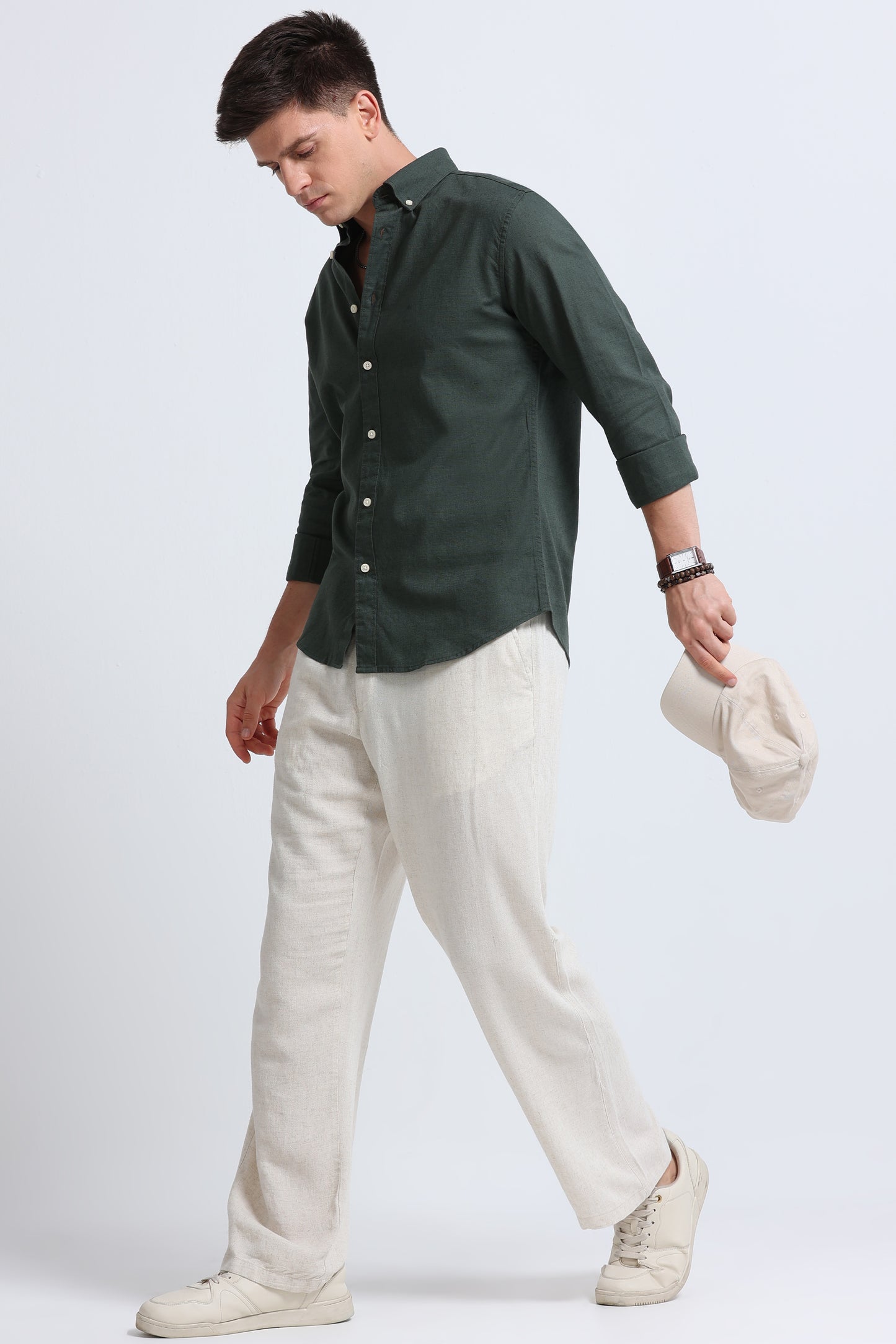 Classic Cotton Linen Button-Down Shirt Green