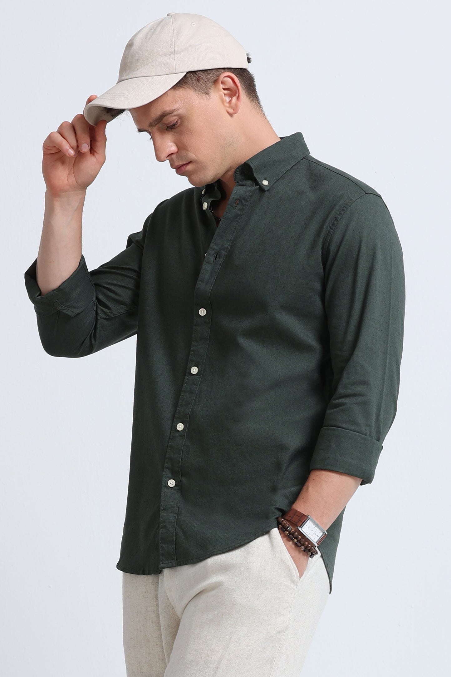 Classic Cotton Linen Button-Down Shirt Green