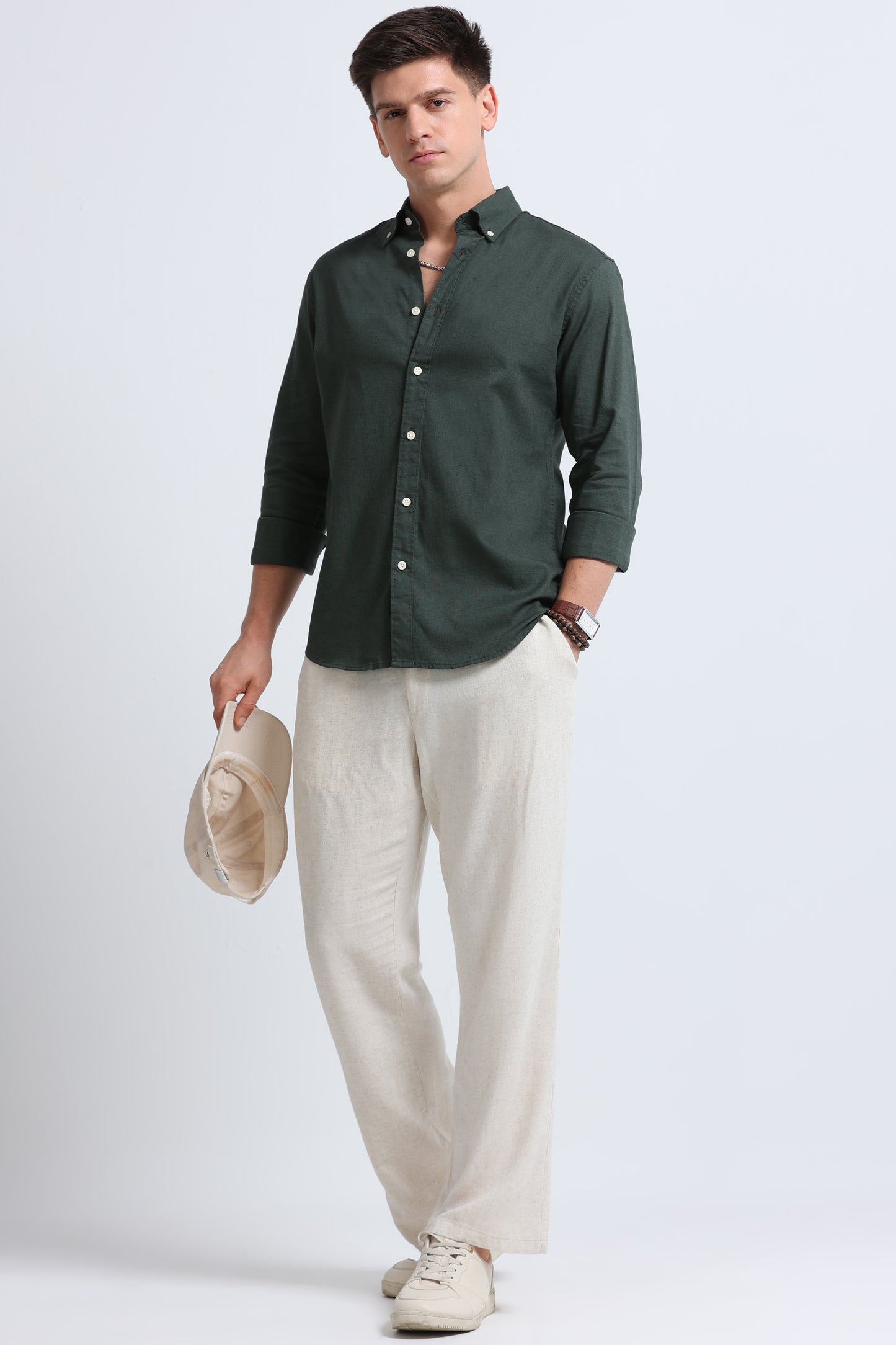 Classic Cotton Linen Button-Down Shirt Green