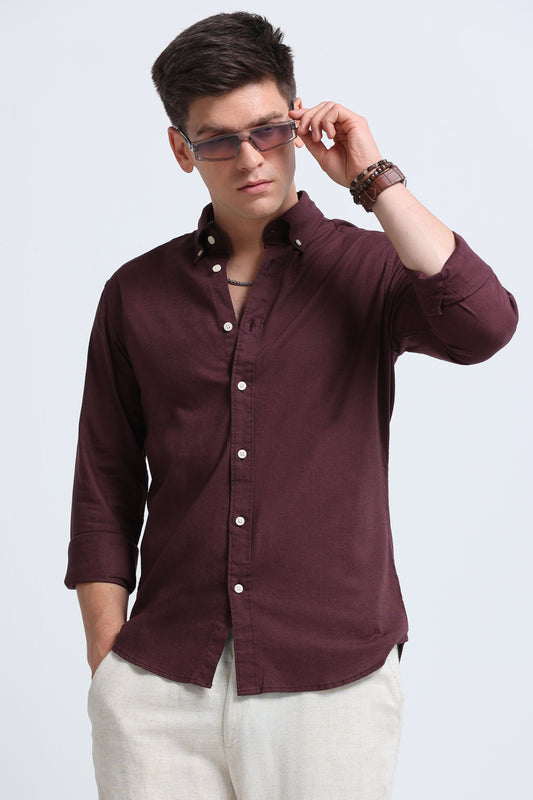 Classic Cotton Linen Button-Down Shirt Burgundy