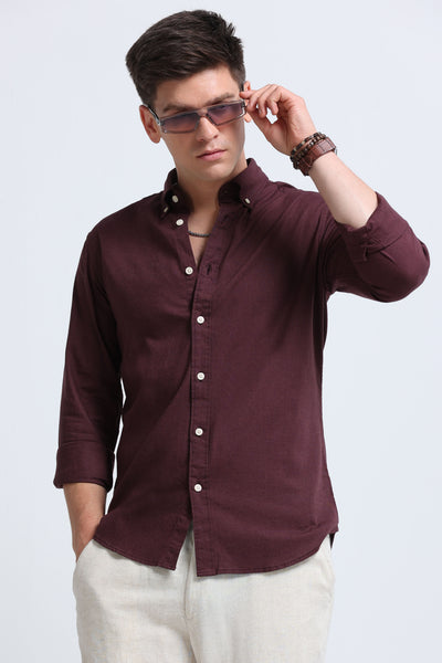 Classic Cotton Linen Button-Down Shirt Burgundy